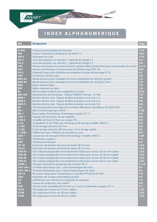 Réf. Désignation Page 
A-483 
AM 
AM-2 
AS-2 
AS-5 
ATB 
AUT 
AV-2 
AVP 
BAC-24 
BAZ-36 
BEB 
BEC 
BL 
BM-100 
BMS-1 
BMS-2 
BMS-3 
BP 
BS-1 
BU-1 
CAB-1 
CAB-2 
C-22 
C-230 
C-250 
C-1036 
CBS-1 
CC-1 
CDY 
CE-18 
CE-22 
CER-35 
CER-38 
CER-40 
CER-42 
CHPA-1 
CHT-140-1 
CHT-140-2 
CN-10 
CNA 
CO 
CP 
CPB 
CP35 
CP38 
CP40 
Fretteuse pneumatique de traverses 
Avance motorisée (Substitueuse de rail SU-1) 
Aspirateur sur voie 
Lorry de transport sur voie ALU - Capacité de charge 2 T 
Lorry de transport sur voie ALU - Capacité de charge 5 T 
Perceur de traverses à emmanchement rapide à bille (entraînement par carré femelle 25,4 mm) 
Avance automatique (Tronçonneuse de rail électrique TR5-14) 
Dispositif super anti-vibratoire aux poignées (Groupe de bourrage VT-3) 
Avertisseur sonore à gaz 
Bande abrasive pour meulage de l’usure ondulatoire du rail (gros grains) 
Bande abrasive pour meulage de l’usure ondulatoire du rail (grains fins) 
Bâton éclairant bleu 
Ballon éclairant sur pied 
Bâti de palan surélevé pour adaptation sur lorry 
Meuleuse de rail thermique - Moteur HONDA 4 temps - 2,1 kW 
Barrière d’entre-voie - Espace de libre évolution sur la voie 3 m 
Barrière d’entre-voie - Espace de libre évolution sur la voie 6 m 
Barrière d’entre-voie - Espace de libre évolution sur la voie 9 m 
Toit de protection pour Agent de conduite (Meuleuse reprofileuse de rail N-320) 
Barre de shuntage type «SNCF» 
Buses (pièce de rechange Chalumeau-coupeur CC-1) 
Casque anti-bruit avec arceau réglable 
Coquille anti-bruit (à fixer sur casque CP) 
Coupelle Ø 22 mm (Pièce de rechange cé de serrage modèle «SNCF») 
Cé de serrage rail-piste 230 mm 
Cé de serrage rail-piste 250 mm avec 2 vis à serrage rapide 
Coffret bois avec 6 Pétards de sécurité sur voie 
Caissse bois de transport (Barre de shuntage modèle «SNCF») 
Chalumeau-coupeur 
Clé dynamométrique 
Extracteur de boulons de traverses béton (Ø 18 mm) 
Extracteur de boulons de traverses béton (Ø 22 mm) 
Clé à cliquet polygonale à encombrement réduit pour écrous de 35 mm s/plats 
Clé à cliquet polygonale à encombrement réduit pour écrous de 38 mm s/plats 
Clé à cliquet polygonale à encombrement réduit pour écrous de 40 mm s/plats 
Clé à cliquet polygonale à encombrement réduit pour écrous de 42 mm s/plats 
Chargeur de batterie (projecteur de chantier PA-1) 
Centrale hydraulique avec 1 prise hydraulique de sortie 
Centrale hydraulique avec 2 prises hydrauliques de sortie 
Kit chasse-neige pour Transporteurs à chenilles HP-450 et HP-500 
Indicateur de serrage automatique gradué 
Coffret bois avec fermeture et poignée de transport 
Casque de protection sans visière 
Chariot porte-bouteilles Ø 210 mm sur 2 roues (Chalumeau-coupeur CC-1) 
Clé à pipe pour écrous de 35 mm s/plats 
Clé à pipe pour écrous de 38 mm s/plats 
Clé à pipe pour écrous de 40 mm s/plats 
17/3 
16/1 
11/9 
2/4 
2/4 
8-1/2 
20/1 
4/1 
2/9 
1/2 
1/2 
7/9 
1/8 
25/3 
101 
3/9 
3/9 
3/9 
9/1 
12/9 
6/3 
6/3 
5/9 
6/3 
6/3 
6/3 
9/9 
12/9 
7/3 
2/7 
14/3 
14/3 
12/3 
12/3 
12/3 
12/3 
2-1/8 
8/1 
8/1 
7/9 
4/7 
1/7 
5/9 
7/3 
12/3 
12/3 
12/3 
I N D E X A L P H A N U M E R I Q U E 
 