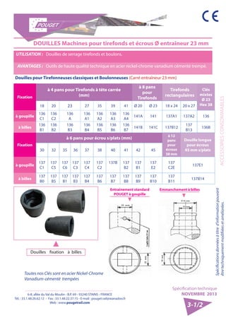 6-8, allée du Val du Moulin - B.P. 69 - 93240 STAINS - FRANCE 
Tél. : 33.1.48.26.62.12 - Fax : 33.1.48.22.37.15 - E-mail : pouget.rail@wanadoo.fr 
Web : www.pougetrail.com 
Spécification technique 
NOVEMBRE 2013 
ACCESSOIRES CONSOMMABLES 
Spécifications données à titre d’information pouvant 
être techniquement modifiiées et améliorées. 
3-1/2 
DOUILLES Machines pour tirefonds et écrous Ø entraîneur 23 mm 
UTILISATION : Douilles de serrage tirefonds et boulons. 
AVANTAGES : Outils de haute qualité technique en acier nickel-chrome vanadium cémenté trempé. 
Douilles pour Tirefonneuses classiques et Boulonneuses (Carré entraîneur 23 mm) 
Fixation 
à 4 pans pour Tirefonds à tête carrée 
(mm) 
à 8 pans 
pour 
Tirefonds 
Tirefonds 
rectangulaires 
Clés 
mixtes 
Ø 23 
18 20 23 27 35 39 41 Ø 20 Ø 23 18 x 24 20 x 27 Hex 38 
à goupille 136 
C1 
136 
C2 
136 
A 
136 
A1 
136 
A2 
136 
A3 
136 
A4 141A 141 137A1 137A2 136 
à billes 136 
B1 
136 
B2 
136 
B3 
136 
B4 
136 
B5 
136 
B6 
136 
B7 141B 141C 137B12 137 
B13 136B 
Fixation 
à 6 pans pour écrou s/plats (mm) à 12 
pans 
pour 
écrous 
38 mm 
Douille longue 
pour écrous 
30 32 35 36 37 38 40 41 42 45 45 mm s/plats 
à goupille 137 
C1 
137 
C5 
137 
C6 
137 
C3 
137 
C4 
137 
C2 
137B 137 
B2 
137 
B1 
137 
E2 
137 
C2E 137E1 
à billes 137 
B0 
137 
B5 
137 
B1 
137 
B3 
137 
B4 
137 
B6 
137 
B7 
137 
B8 
137 
B9 
137 
B10 
137 
B11 137B14 
Douilles fixation à billes 
Toutes nos Clés sont en acier Nickel-Chrome 
Vanadium-cémenté trempées 
Entraînement standard 
POUGET à goupille 
Emmanchement à billes 
 
