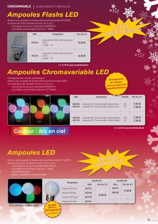 CONSOMMABLE	 gUIRLANDES ET AMPOULES
27
Ampoules Flashs LED
Ampoules Chromavariable LED
Ampoules LED
Réfs Désignation Prix Un. H.T.
AFB224
Ampoule B22 Flash à éclat surpuissant
240 V
CLAIRE : 1 W
8,50 €
AFE274
Ampoule E27 Flash à éclat surpuissant
240 V
CLAIRE : 1 W
8,50 €
Réfs Désignation Douille Prix Un. H.T.
AB22CD
AE27CD
Ampoules B22 Chromavariable Cadence Douce
Ampoules E27 Chromavariable Cadence Douce
B22
E27
7,50 €
7,50 €
AB22CR
AE27CR
Ampoules B22 Chromavariable Cadence Rapide
Ampoules E27 Chromavariable Cadence Rapide
B22
E27
7,50 €
7,50 €
Changement de couleur automatique
Grâce à son procédé de diodes électroluminescentes (LED),
les ampoules LED, diamètre environ 6 cm ont :
- une durée de vie plus importante (50000 h)
- une faible consommation (environ 0,7 Watts)
Grâce à son procédé de diodes électroluminescentes (7 LEDS),
les ampoules LED, diamètre environ 4,5 cm, ont :
- une durée de vie plus importante (50 000 h)
- une faible consommation (environ 1 Watt)
- grande luminosité
- globe incassable en polycarbonate
(+ 0,10 € éco-contribution)
(+ 0,10 € éco-contribution)
(+ 0,10 € éco-contribution)
Couleur : Arc en ciel
Désignation
Douille E27 Douille B22
Réfs. Prix Un. H.T. Réfs. Prix Un. H.T.
Ampoule LED Claire AE27LC
4,50 €
AB22LC
4,50 €
Ampoule LED Bleu AE27LB AB22LB
Ampoule LED Rouge AE27LR __ __
Ampoule LED Verte AE27LV __ __
Changement
de couleur
sans accessoires
supplémentaires
Globe
ampoule
incassableen
polycarbonate
Grâce à son procédé de diodes électroluminescentes (9 LEDS),
les ampoules LED, diamètre environ 6 cm ont :
- une durée de vie plus importante (50000 h)
- une faible consommation (environ 1 Watt)
 