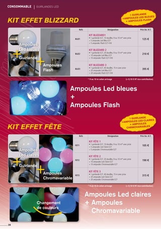 CONSOMMABLE	 gUIRLANDES led
28
1 guirlande
+ampoules led BLEUES
+ ampoules Flash
1 guirlande
+ampoules led CLAIRES
+ ampoules
CHRMOVARIABLES
KIT EFFET blizzard
KIT EFFET fête
Réfs Désignation Prix Un. H.T.
BLIZ1
KIT BLIZZARD1
• 1 guirlande E27, 10 douilles, 9 ou 10 m* avec prise
+ 5 ampoules Led Bleu E27
+ 5 ampoules Flash E27 4 W
125 €
BLIZ2
KIT BLIZZARD 2
• 1 guirlande E27, 20 douilles, 9 ou 10 m* avec prise
+ 10 ampoules Led Bleu E27
+ 10 ampoules Flash E27 4 W
210 €
BLIZ3
KIT BLIZZARD 3
• 1 guirlande E27, 40 douilles, 15 m avec prise
+ 20 ampoules Led Bleu E27
+ 20 ampoules Flash E27 4 W
395 €
Réfs Désignation Prix Un. H.T.
FET1
KIT FÊTE 1
• 1 guirlande E27, 10 douilles, 9 ou 10 m* avec prise
+ 5 ampoules Led Claire E27
+ 5 ampoules Chromovariable E27
105 €
FET2
KIT FÊTE 2
• 1 guirlande E27, 20 douilles, 9 ou 10 m* avec prise
+ 10 ampoules Led Claire E27
+ 10 ampoules Chromovariable E27
190 €
FET3
KIT FÊTE 3
• 1 guirlande E27, 40 douilles, 15 m avec prise
+ 20 ampoules Led Claire E27
+ 20 ampoules Chromovariable E27
315 €
Ampoules
Flash
Ampoules
Chromavariable
Changement
de couleurs
Ampoules
Led bleues
Ampoules
Led claires
Guirlande
Guirlande
Ampoules Led bleues
+
Ampoules Flash
Ampoules Led claires
+ Ampoules
Chromavariable
* 9 ou 10 m selon arrivage
* 9 ou 10 m selon arrivage (+ 0,10 € HT éco-contribution)
(+ 0,10 € HT éco-contribution)
 
