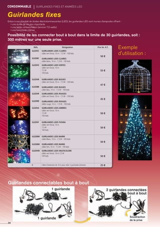 Guirlandes fixes
Réfs. Désignation Prix Un. H.T.
GLEDVC
GLEDBC
Guirlandes leds claires
câble vert foncé, 10 m - 7,5 W - 100 leds
Guirlandes leds claires
câble blanc, 10 m - 7,5 W - 100 leds
50 €
GLEDVV Guirlandes leds vertes
câble vert foncé, 10 m
7,5 W
100 leds
55 €
GLEDVB
GLEDBB
Guirlandes leds bleues
câble vert foncé, 10 m - 7,5 W - 100 leds
Guirlandes leds bleues
câble bleu, 10 m - 7,5 W - 100 leds
47 €
GLEDVR
GLEDRR
Guirlandes leds rouges
câble vert foncé, 10 m - 7,5 W - 100 leds
Guirlandes leds rouges
câble rouge, 10 m - 7,5 W - 100 leds
45 €
GLEDVA Guirlandes leds ambres
câble vert foncé, 10 m
7,5 W
100 leds
50 €
GLEDVF Guirlandes leds fushia
câble vert foncé, 10 m
7,5 W
100 leds
50 €
GLEDBW
GLEDBW
Guirlandes leds warm
câble Blanc, 10 m - 7,5 W - 100 leds
Guirlandes leds warm
câble Vert, 10 m - 7,5 W - 100 leds
50 €
GLEDVM Guirlandes leds multicolore
câble vert foncé, 10 m 7,5 W
100 leds 50 €
c Câble d'extension de 10 m pour relier 2 guirlandes distantes 25 €
CONSOMMABLE	 gUIRLANDES fixes et animées led
34
Grâce à son procédé de diodes électroluminescentes (LED), les guirlandes LED sont munies d’ampoules offrant :
• une durée de vie plus importante
• une faible consommation (environ 7,5 watts)
• une luminosité intense
Possibilité de les connecter bout à bout dans la limite de 30 guirlandes, soit :
300 mètres sur une seule prise.
Exemple
d'utilisation :
Guirlandes connectables bout à bout
2 guirlandes connectées
bout à bout
1 guirlande
1 guirlande
Soustraction
de la prise
 