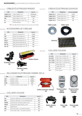 accessoires 	ACCESSOIRES ÉLECTRIQUES DIVERS
CÂBLES ÉLECTRIQUES SOUPLES
39
Câble rigide
Dominos
Colliers Colson
Embases Colson
EC
Réfs Désignation Prix H.T. AU METRE
CABH05 3G1,5 Câble H05VVF 3G1,5 1,75 €
CABH05 3G2,5 Câble H05VVF 3G2,5 2,50 €
CABH07 3G1,5 Câble H07RNF 3G1,5 3 €
CABH07 3G2,5 Câble H07RNF 3G2,5 5 €
CÂBLES ÉLECTRIQUES RIGIDES
Réfs Désignation Prix H.T.
CABR02 3G1,5 Câble 1000R02V 3G1,5 1,75 € au m*
CABR02 3G2,5 Câble 1000R02V 3G2,5 2 € au m*
RAE Ruban extérieur 15 mm / 20 m 7 €
RI Ruban isolant P.V.C. 9 mm / 10 m 2 €
BH Bombe hydrofuge 15 €
ACCESSOIRES DE CÂBLAGE
Réfs Désignation Prix H.T.
D6 Domino 62
la barrette de 12 1,75 €
D10 Domino 102
la barrette de 12 2,50 €
D16 Domino 162
la barrette de 12 3,50 €
BTE 65 Boîte étanche diamètre 65 x 35 2 €
BTE 80 Boîte étanche diamètre 80 x 80 3 €
BTE 100 Boîte étanche diamètre 100 x 100 6 €
BTE 150 Boîte étanche diamètre 150 x 110 8 €
COLLIERS COLSON
Réfs Désignation Prix H.T.
COL 9/900 Collier Colson 9 x 900 (le cent) 60 €
COL 9/400 Collier Colson 9 x 400 (le cent) 30 €
COL 7,2/300 Collier Colson 7,2 x 300 (le cent) 15 €
COL 7,2/200 Collier Colson 7,2 x 200 (le cent) 10 €
EC Embase Colson x 100 10 €
CC Cheville Colson x 100 15 €
PC Pince Colson 20 €
PC O Pince Coupante 15 €
COLLIERS COLSON
Réfs Désignation Prix H.T.
DDT Disjoncteur différentiel 4 x 25 30 mA Tétrapolaire 400 V 75 €
DDB Disjoncteur différentiel 2 x 25 30 mA Bipolaire 230 V 50 €
PROGM Programmateur mécanique journalier sur prise 15 €
PROGD Programmateur digital journalier sur prise 25 €
TBIE Biplite étanche 20 €
FMC Fiche mâle 2 pôles + terre étanche caoutchouc 7 €
FFC Fiche femelle 2 pôles + terre étanche caoutchouc 9 €
RALLONGES ÉLECTRIQUES H05RNF 3G1,5
Réfs Désignation Prix H.T.
R3M Rallonge 3 mètres 7,50 €
R5M Rallonge 5 mètres 12,50 €
R10M Rallonge 10 mètres 20 €
CP Coffret de protection connexion rallonge 4 €
Câble souple
Chevilles Colson
CC
Coffret protection rallonge
CP
Biplite étanche
TBIE
Fiche mâle
FMC
Programmateur
digital
PROGD
Programmateur
mécanique
PROGM
Fiche femelle
FFC
* Prix du câble indicatif (en fonction du cours du cuivre sur le marché)
 