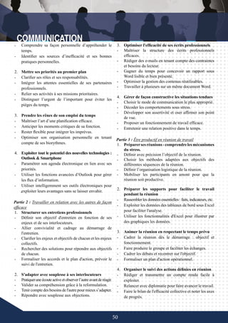 50
2.	 Préparer les supports pour faciliter le travail
pendant la réunion
-	 Rassembler les données essentielles : faits, indicateurs, etc.
-	 Exploiter les données des tableaux de bord sous Excel
pour faciliter l'analyse.
-	 Utiliser les fonctionnalités d'Excel pour illustrer par
des graphiques les données.
3.	 Animer la réunion en respectant le temps prévu
-	 Cadrer la réunion dès le démarrage : objectif et
fonctionnement.
-	 Faire produire le groupe et faciliter les échanges.
-	 Cadrer les débats et recentrer sur l'objectif.
-	 Formaliser un plan d'action opérationnel.
4.	 Organiser le suivi des actions définies en réunion
-	 Rédiger et transmettre un compte rendu facile à
exploiter.
-	 Relancer avec diplomatie pour faire avancer le travail.
-	 Faire le bilan de l'efficacité collective et noter les axes
de progrès.
-	
Partie 2 : Travailler en relation avec les autres de façon
efficace
1.	 Structurer ses entretiens professionnels
-	 Définir son objectif d'entretien en fonction de ses
enjeux et de ses interlocuteurs.
-	 Allier convivialité et cadrage au démarrage de
l'entretien.
-	 Clarifier les enjeux et objectifs de chacun et les enjeux
collectifs.
-	 Rechercher des solutions pour répondre aux objectifs
de chacun.
-	 Formaliser les accords et le plan d'action, prévoir le
suivi de l'entretien.
2.	 S'adapter avec souplesse à ses interlocuteurs
-	 Pratiqueruneécouteactiveetobserverl’autreavantde réagir.
-	 Valider sa compréhension grâce à la reformulation.
-	 Tenir compte des besoins de l'autre pour mieux s’adapter.
-	 Répondre avec souplesse aux objections.
-	 Comprendre sa façon personnelle d’appréhender le
temps.
-	 Identifier ses sources d’inefficacité et ses bonnes
pratiques personnelles.
2.	 Mettre ses priorités au premier plan
-	 Clarifier ses rôles et ses responsabilités.
-	 Intégrer les attentes essentielles de ses partenaires
professionnels.
-	 Relier ses activités à ses missions prioritaires.
-	 Distinguer l’urgent de l’important pour éviter les
pièges du temps.
	
3.	 Prendre les rênes de son emploi du temps
-	 Maîtriser l’art d’une planification efficace.
-	 Anticiper les moments critiques de sa fonction.
-	 Rester flexible pour intégrer les imprévus.
-	 Optimiser son organisation personnelle en tenant
compte de ses biorythmes.
4.	 Exploiter tout le potentiel des nouvelles technologies :
Outlook & Smartphone
-	 Paramétrer son agenda électronique en lien avec ses
priorités.
-	 Utiliser les fonctions avancées d’Outlook pour gérer
les flux d’information.
-	 Utiliser intelligemment ses outils électroniques pour
exploiter leurs avantages sans se laisser envahir.
3.	 Optimiser l'efficacité de ses écrits professionnels
-	 Maîtriser la structure des écrits professionnels
efficaces.
-	 Rédiger des e-mails en tenant compte des contraintes
et besoins du lecteur.
-	 Gagner du temps pour concevoir un rapport sous
Word lisible et bien présenté.
-	 Optimiser la gestion des contenus réutilisables.
-	 Travailler à plusieurs sur un même document Word.
4.	 Gérer de façon constructive les situations tendues
-	 Choisir le mode de communication le plus approprié.
-	 Décoder les comportements sous stress.
-	 Développer son assertivité et oser affirmer son point
de vue.
-	 Proposer un fonctionnement de travail efficace.
-	 Entretenir une relation positive dans le temps.
Partie 3 : Être productif en réunion de travail
1.	 Préparersesréunions -comprendrelesmécanismes
du stress.
-	 Définir avec précision l’objectif de la réunion.
-	 Choisir les méthodes adaptées aux objectifs des
différentes séquences de la réunion.
-	 Définir l’organisation logistique de la réunion.
-	 Mobiliser les participants en amont pour que la
réunion soit productive.
 