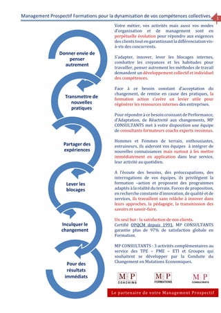 1
Management Prospectif Formations pour la dynamisation de vos compétences collectives.
Donner envie de
penser
autrement
Transmettre de
nouvelles
pratiques
Partager des
expériences
Lever les
blocages
Inculquer le
changement
Pour des
résultats
immédiats
Votre métier, vos activités mais aussi vos modes
d’organisation et de management sont en
perpétuelle évolution pour répondre aux exigences
des clients tout en garantissant la différenciation vis-
à-vis des concurrents.
S’adapter, innover, lever les blocages internes,
combattre les croyances et les habitudes pour
travailler, penser autrement les méthodes de travail
demandent un développement collectif et individuel
des compétences.
Face à ce besoin constant d’acceptation du
changement, de remise en cause des pratiques, la
formation action s’avère un levier utile pour
régénérer les ressources internes des entreprises.
Pour répondre à ce besoin croissant de Performance,
d’Adaptation, de Réactivité aux changements, MP
CONSULTANTS met à votre disposition une équipe
de consultants formateurs coachs experts reconnus.
Hommes et Femmes de terrain, enthousiastes,
entraineurs, ils aideront vos équipes à intégrer de
nouvelles connaissances mais surtout à les mettre
immédiatement en application dans leur service,
leur activité au quotidien.
A l’écoute des besoins, des préoccupations, des
interrogations de vos équipes, ils privilégient la
formation –action et proposent des programmes
adaptés à la réalité du terrain. Forces de proposition,
en recherche constante d’innovation, de qualité et de
services, ils travaillent sans relâche à innover dans
leurs approches, la pédagogie, la transmission des
savoirs et savoir-faire.
Un seul but : la satisfaction de nos clients.
Certifié OPQCM depuis 1991, MP CONSULTANTS
garantie plus de 97% de satisfaction globale en
Formation.
MP CONSULTANTS : 3 activités complémentaires au
service des TPE – PME – ETI et Groupes qui
souhaitent se développer par la Conduite du
Changement en Mutations Economiques.
Le partenaire de votre Management Prospectif
 