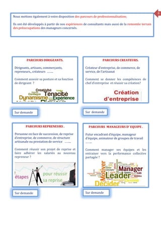 8
PARCOURS CREATEURS.
Créateur d’entreprise, de commerce, de
service, de l’artisanat
Comment se donner les compétences de
chef d’entreprise et réussir sa création?
Sur demande Sur demande
PARCOURS DIRIGEANTS.
Dirigeants, artisans, commerçants,
repreneurs,, créateurs ……..
Comment asseoir sa posture et sa fonction
de dirigeant ?
à tous les niveaux de l’organisation ?
Nous mettons également à votre disposition des parcours de professionnalisation;
Ils ont été développés à partir de nos expériences de consultants mais aussi de la remontée terrain
des préoccupations des manageurs concernés.
PARCOURS REPRENEURS .
Personne en face de succession, de reprise
d’entreprise, de commerce, de structure
artisanale ou prestation de service ……..
Comment réussir son projet de reprise et
faire adhérer les salariés au nouveau
repreneur ?
PARCOURS MANAGEURS D’ EQUIPE .
Futur encadrant d’équipe, manageur
d’équipe, animateur de groupes de travail
……..
Comment manager ses équipes et les
entrainer vers la performance collective
partagée ?
Sur demande Sur demande
 