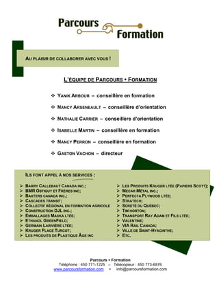 Parcours Formation
Téléphone : 450 771-1225 – Télécopieur : 450 773-6876
www.parcoursformation.com info@parcoursformation.com
AU PLAISIR DE COLLABORER AVEC VOUS !
L’ÉQUIPE DE PARCOURS FORMATION
YANIK ARBOUR – conseillère en formation
NANCY ARSENEAULT – conseillère d’orientation
NATHALIE CARRIER – conseillère d’orientation
ISABELLE MARTIN – conseillère en formation
NANCY PERRON – conseillère en formation
GASTON VACHON – directeur
ILS FONT APPEL À NOS SERVICES :
BARRY CALLEBAUT CANADA INC.; LES PRODUITS KRUGER LTÉE (PAPIERS SCOTT);
BMR OSTIGUY ET FRÈRES INC; MECAR MÉTAL INC.;
BAXTERS CANADA INC.; PERFECTA PLYWOOD LTÉE;
CASCADES TRANSIT; STRATECH;
COLLECTIF RÉGIONAL EN FORMATION AGRICOLE; SÛRETÉ DU QUÉBEC;
CONSTRUCTION DJL INC.; TIM HORTON;
EMBALLAGES MASKA LTÉE; TRANSPORT RAY ADAM ET FILS LTÉE;
ETHANOL GREENFIELD; VALENTINE;
GERMAIN LARIVIÈRE LTÉE; VIA RAIL CANADA;
KRUGER PLACE TURCOT; VILLE DE SAINT-HYACINTHE;
LES PRODUITS DE PLASTIQUE ÂGE INC ETC.
 