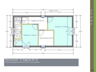 Etage de 39 m² habitable :
                                                                                        E
                                                                                        T
                                                                                        A
                                                                                        G
                                                                                        E




Plans Eco122 : 1er étage de 39 m²
 Plans Eco89
Plans et aménagement intérieur fournis à titre d’exemple




                                                                                        19
 