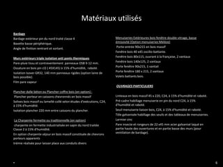 Matériaux utilisés
Bardage
Bardage extérieur pin du nord traité classe 4                          Menuiseries Extérieures bois fenêtre double vitrage, basse
Bavette basse périphérique.                                            émissivité (Option menuiseries Mélèze)
Angle de finition rentrant et sortant.                                 Porte-entrée 90x215 en bois massif
                                                                       Fenêtre bois 40 x45 oscillo-battante.
Murs extérieurs triple isolation anti ponts thermiques                 Fenêtre bois 80x115, ouvrant à la française, 2 vantaux
Pare-pluie tissu et contreventement panneaux OSB 9-12 mm.              Fenêtre bois 140x125, 2 vantaux
Ossature en bois pin cl2 ( 45X145) à 15% d’humidité, raboté.           Porte fenêtre 90x215, 1 vantail
Isolation Isover GR32, 140 mm panneaux rigides (option laine de        Porte fenêtre 180 x 215, 2 vantaux
bois possible).                                                        Volets battants bois.
Film pare vapeur
                                                                       OUVRAGES PARTICULIERS
Plancher dalle béton ou Plancher coffre bois (en option) :
 Plancher porteur en caissons chevronnés en bois massif                Linteaux en bois massif 45 x 220, C24, à 15% d'humidité et raboté.
Solives bois massif ou lamellé-collé selon études d'exécutions, C24,   Pré-cadre habillage menuiserie en pin du nord C24, à 15%
à 15% d'humidité.                                                      d'humidité et raboté.
Isolation plancher 220 mm entre caissons du plancher.                  Seuil menuiserie liaison bois, C24, à 15% d'humidité et raboté.
                                                                       Tôle galvanisée habillage des seuils et des tableaux de menuiseries.
 La Charpente fermette ou traditionnelle (en option)                   Larmier zinc
 charpente en fermette industrialisée en sapin du nord traitée         Pare insecte et rongeurs de 22 x45 mm acier galvanisé laqué en
Classe 2 à 15% d'humidité.                                             partie haute des ouvertures et en partie basse des murs (pour
En option charpente séjour en bois massif constituée de chevrons       ventilation de bardage).
porteurs apparents
trémie réalisée pour laisser place aux conduits divers




•                                                                                                                                             6
 