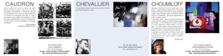 CAUDRON                                                                                                  CHEVALLIER                                                                                         CHOUMILOFF
Francis Caudron votre œuvre est sincère, elle donne                                                        J'essaie toujours de faire ce que je ne sais pas faire c'est ainsi                                  Dominique Choumiloff fait siens les grands genres de la
l’impression d’aller au bout de ce que vous avez en vous.                                                  que j'espère apprendre à le faire.                                                                  peinture. Longtemps fidèle aux Natures mortes, elle travaille
Vous explorez continuellement. Le mélange de culture que                                                                                                                                                       à présent le Paysage qu’elle traite de façon synthétique.
vous nous proposez est un damier sur lequel chaque pavé                                                                                                                                                        L’artiste se plaît à découper l’espace en le divisant de lignes
est imprégné d’un imaginaire puisé dans les cultures                                                                                                                                                           franches et contradictoires, ainsi que de juxtapositions, de
ancestrales. Il y a de l’émotion, de la spiritualité et surtout                                                                                                                                                strates, par aplats colorés.
beaucoup de simplicité dans ce que vous nous proposez.                                                                                                                                                         Le geste large, rapide, s’ouvre à de nouveaux horizons, qui
Le peintre affirme sa fonction symbolique en réinventant                                                                                                                                                       ne sont autres que sa propre perception du monde paysager
la mythologie...                                                                                                                                                                                               qui l’entoure ; et si les incisions ou les effets de matière
                                           Michel Toulouzan                                                                                                                                                    sur la toile évoquent une certaine rudesse, c’est que la
                           conservateur du Musée d’Harfleur                                                                                                                                                    nature n’en est pas exempte. Pourtant l’artiste parvient au
                                                                                                                                                                                                               final à apprivoiser sa vision en proposant au spectateur un
                                                                                                                                                                                                               équilibre des formes, résultat d’une âpre recherche.
                                                                                                                                                                                                               Le regardeur au premier coup d’oeil l’ignore encore, tout
                                                                                                                                                                                                               à l’émotion, il est serein ; puis il enfouit son regard
                                                                                                                                                                                                               dans les interstices des masses colorées, et réalise la
                                                                                                                                                                                                               profondeur de l’oeuvre.
                                                                                                                                                                                                                                                            Jean Marc Léger



                                                                              58 rue Alfred Duthil                                                                                    56, rue Jean Jaurès                                                                                   128, rue Hervé Leguillon
                                                                               76160 DARNETAL                                                                                   76410 SAINT AUBIN LES ELBEUF                                                                             14990 BERNIERES SUR MER
                                                                              Tél. : 02 35 70 50 29                                                                                   Tél. : 02 35 81 37 71                                                                                   Tél. : 02 31 97 29 74
                                                                  E-mail : francis.caudron1233@orange.fr                                                                                                                                                                         E-mail : dominique.choumiloff@wanadoo.fr
                                                                     Site : www.art.culture.france.com                                                                                                                                                                              Site : www.dominique-choumiloff.fr
 