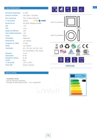 Tertiaire
INSTALLATION
Y IJA
IE IA
Installation facile
· Aucune découpe nécessaire
· Montage et démontage facilité : 2 vis uniquement
Puissance électrique
Tension d’entrée
Flux lumineux
T° de couleur
Durée de vie
IRC
PFC
Angle de diffusion
Corps
Dimmable
Dimensions
Longueur du câble
Poids
Certificats
Garantie
Puce LED
Étanchéité
Protection (chocs)
UV/IR
T° de travail
Taux d’éblouissement
9~24W
100-240v / 50-60Hz
700~1700lm (90lm/w)
4000K
120°
voir tableau
0.20m
voir tableau
ETL, TUV GS, CB, FCC, TUV
CE, EN 60598-2, PSE, ROHS
Epistar (Taiwan)
IP 44
IK 08
Non
-25°C /+60°C
<22
>70
>0.8
50.000h (longue durée)
Blanc
Optionnel
3 ans
220v
AC
IRC
>70
PFC
>0.850.000h 120
G
A
R A N T
IE·WA
RRAN
TY·
3 IP
44
IK
08
UV/IR
Free
CARACTÉRISTIQUES
selon la puissance
40mm
selon la puissance
15
 