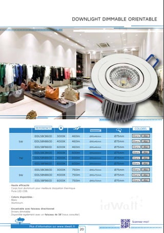 DOWNLIGHT DIMMABLE ORIENTABLE
· Haute efficacité
· Corps tout aluminium pour meilleure dissipation thermique
· Puce LED COB.
· Coloris disponibles :
· Blanc
· Aluminium.
· Encastrable avec faisceau directionnel
· Drivers dimmable
· Disponible également avec un faisceau de 38°(nous consulter).
Plus d’information sur www.idwatt.fr
Scannez-moi!
REFERENCE
3000KIDDL5BCB60D Ø75mm
5W
460lm Ø95x46mm
7W
4000KIDDL5BNB60D Ø75mm460lm Ø95x46mm
6000KIDDL5BFB60D Ø75mm460lm Ø95x46mm
3000KIDDL5BCB60D Ø75mm600lm Ø95x64mm
4000KIDDL5BNB60D Ø75mm600lm Ø95x64mm
6000KIDDL5BFB60D Ø75mm600lm Ø95x64mm
3000KIDDL5BCB60D Ø75mm
9W
750lm Ø95x70mm
4000KIDDL5BNB60D Ø75mm750lm Ø95x70mm
6000KIDDL5BFB60D Ø75mm750lm Ø95x70mm
COLORIS
Blanc Alu
Blanc Alu
Blanc Alu
Blanc Alu
Blanc Alu
Blanc Alu
Blanc Alu
Blanc Alu
Blanc Alu
Droitsréservés.Donnéesnoncontractuelles.
20
 