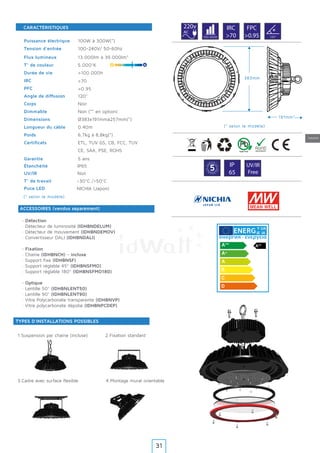Industrie
G
A
R A N T
IE·WA
RRAN
TY·
5
ACCESSOIRES (vendus séparément)
TYPES D'INSTALLATIONS POSSIBLES
Y IJA
IE IA
1.Suspension par chaîne (incluse) 2.Fixation standard
3.Cadre avec surface flexible 4.Montage mural orientable
· Détection
· Détecteur de luminosité (IDHBNDELUM)
· Détecteur de mouvement (IDHBNDEMOV)
· Convertisseur DALI (IDHBNDALI)
· Fixation
· Chaine (IDHBNCH) - incluse
· Support fixe (IDHBNSF)
· Support réglable 45º (IDHBNSFMO)
· Support réglable 180º (IDHBNSFMO180)
· Optique
· Lentille 50° (IDHBNLENT50)
· Lentille 90° (IDHBNLENT90)
· Vitre Polycarbonate transparente (IDHBNVP)
· Vitre polycarbonate dépolie (IDHBNPCDEP)
J A P A N L E D
100W à 300W(*)
100-240V/ 50-60hz
13.000lm à 39.000lm*
5.000°K
>100.000h
120°
Noir
Non (** en option)
Ø383x191mmà257mm(*)
0.40m
6,7kg à 8,8kg(*)
ETL, TUV GS, CB, FCC, TUV
CE, SAA, PSE, ROHS
5 ans
IP65
Non
-30°C /+50°C
>70
>0.95
NICHIA (Japon)
Puissance électrique
Tension d’entrée
Flux lumineux
T° de couleur
Durée de vie
IRC
PFC
Angle de diffusion
Corps
Dimmable
Dimensions
Longueur du câble
Poids
Certificats
Garantie
Puce LED
Étanchéité
UV/IR
T° de travail
CARACTÉRISTIQUES 220v
AC
IRC
>70
FPC
>0.95100.000h 120º
IP
65
UV/IR
Free
191mm*
383mm
(* selon le modèle)
(* selon le modèle)
31
 
