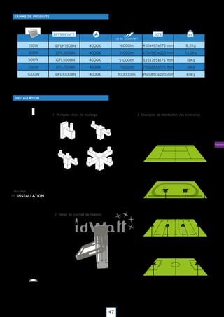 Projecteurs
REFERENCE SIZE kg
up to 100lm/w !
GAMME DE PRODUITS
INSTALLATION
INSTALLATION
Hauteur
de montage
2. Detail du crochet de fixation
1. Multiples choix de montage 3. Exemples de distribution des luminaires
8,2Kg
13,3Kg
18Kg
150W 16000lm
31000lm
51000lm
420x465x175 mm
670x560x225 mm
525x765x175 mm
300W
500W
18Kg71000lm 750x685x175 mm700W
IDFLH150BN
IDFL300BN
IDFL500BN
IDFL700BN
4000K
4000K
4000K
4000K
100000lm 850x850x270 mm1000W IDFL1000BN 4000K 40Kg
47
 