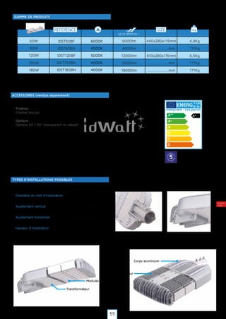 Eclairage
Public
REFERENCE SIZE kg
up to 90lm/w !
4,4Kg
???Kg
6,5Kg
60W 6000lm
9000lm
12000lm
440x280x115mm
....................mm
610x280x115mm
90W
120W
GAMME DE PRODUITS
TYPES D'INSTALLATIONS POSSIBLES
???Kg
???Kg
15000lm
18000lm
....................mm
....................mm
150W
180W
IDST60BF
IDST90BN
IDST120BF
IDST150BN
IDST180BN
6000K
4000K
5000K
4000K
4000K
G
A
R A N T
IE·WA
RRAN
TY·
5
ACCESSOIRES (vendus séparément)
Y IJA
IE IA
· Fixation
· Crochet (inclus)
· Optique
· Optique 50 / 90° (transparent ou dépoli)
Diamètre du mât d'installation ø60mm
Ajustement vertical 10 degrés
Ajustement horizontal -25 to +25 degrés
Hauteur d’installation 5-12 mètres
Corps aluminium
Radiateur
Modules LED (1-5 pieces)
Transformateur
55
 