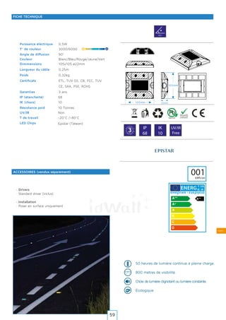 Solaire
0,5W
3000/6000
90°
Blanc/Bleu/Rouge/Jaune/Vert
105x105 ø22mm
0,25m
0,32kg
ETL, TUV GS, CB, FCC, TUV
CE, SAA, PSE, ROHS
3 ans
68
10
10 Tonnes
Non
-20°C /+80°C
90º
G
A
R A N T
IE·WARRAN
TY·
3 IP
68
IK
10
UV/IR
Free
001kWh/an
Y IJA
IE IA
Epistar (TaIwan)
Puissance électrique
T° de couleur
Angle de diffusion
Couleur
Dimmensions
Longueur du câble
Poids
Certificats
Garanties
LED Chips
IP (étanchéité)
IK (chocs)
Résistance poid
UV/IR
T de travail
ACCESSOIRES (vendus séparément)
FICHE TECHNIQUE
· Drivers
· Standard driver (inclus)
· Installation
· Poser en surface uniquement
50 heures de lumière continue à pleine charge.
800 mètres de visibilité.
Choix de lumière clignotant ou lumière constante.
Écologique
22mm105mm
105mm
59
 