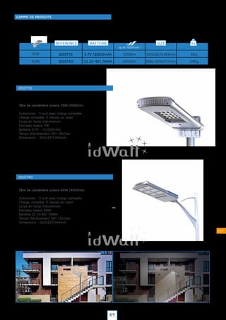 Solaire
REFERENCE SIZE kg
up to 100lm/w !
34Kg4000lm 488x1300x117mm
GAMME DE PRODUITS
BATTERIE
10W
40W
IDSST10
IDSST40
3.7V 13000mAh
22.2V 461.76WH
IDSST10
Tête de candélabre solaire 10W (1000lm)
Autonomie : 3 nuit avec charge complète
Charge complète 11 heures au soleil
Corps en fonte d'aluminium
Panneau solaire 7W
Batterie 3,7V - 13.000mAH
Temps d'éclairement 10h-12h/jour
Dimensions : 505x227x164mm
IDESL15R
Tête de candélabre solaire 40W (4000lm)
Autonomie : 3 nuit avec charge complète
Charge complète 11 heures au soleil
Corps en fonte d'aluminium
Panneau solaire 60W
Batterie 22.2V 461.76WH
Temps d'éclairement 10h-12h/jour
Dimensions : 505x227x164mm
IDSST40
5Kg1000lm 505x227x164mm
65
 
