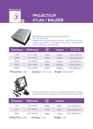 PROJECTEUR
32
Disponible sur commande et après étude en :
24°, 38°, 60° et 90°
Adapté aux terrains de sports outdoor : golf, football, tennis,
circuits automobile... Eclairage architectural : grands bâti-
ments, bâtiments monumentaux
RéférencePuissance Lumen
150W IDFLH150BN
IDFLH300BN
4000K
4000K
334x314x90mm
434x494x90mm
Protection : IP66 	 Couleur : Aluminium	 Angle : 24/38/60/90°
16000lm
31000lm
IDFLH500BN 4000K 434x678x90mm51000lm500W
300W
IDFLH700BN 4000K 434x862x90mm62000lm600W
PROJECTEUR
ATLAS / BALDER
IDFLH1000BN 4000K 434x1044x90mm100000lm600W
Projecteur idéal pour chantier, camping, jardin léger, étanche
et solide Fourni avec adaptateur secteur et allume-cigare (12V)
RéférencePuissance Lumen
10W IDPFL10BFRN
IDPFL20BFRN
6000K
6000K
Protection : IP65	 Couleur : Noir		 Angle : 120°
800lm
1600lm
IDPFL30BFRN 6000K 2700lm30W
20W
145x160x240mm
220x190x280mm
270x180x320mm
 