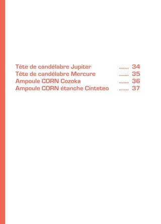 Tête de candélabre Jupiter			 ....... 34
Tête de candélabre Mercure		 ....... 35
Ampoule CORN Cozoka			 ....... 36
Ampoule CORN étanche Cinteteo	 ....... 37
 
