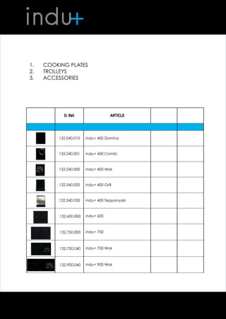 1.     COOKING PLATES
  2.     TROLLEYS
10EE01
  3.     ACCESSORIES




                O. Ref.                   ARTICLE




             132.040.010    indu+ 400 Domino



             132.040.001    indu+ 400 Combi



             132.040.000    indu+ 400 Wok



             132.040.020    indu+ 400 Grill



             132.040.030    indu+ 400 Teppanyaki



              132.600.000   indu+ 600



              132.750.000   indu+ 750



              132.750.040   indu+ 750 Wok



              132.900.040   indu+ 900 Wok
 