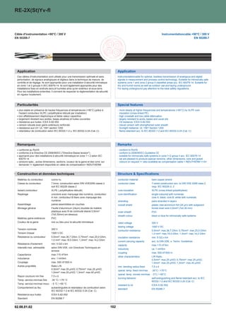 RE-2X(St)Yv-fl



Câble d'instrumentation +90°C / 300 V                                                                                                       Instrumentationcable +90°C / 300 V
EN 50288-7                                                                                                                                                         EN 50288-7




 Application                                                                                      Application
 Ces câbles d'instrumentation sont utilisés pour une transmission optimale et sans                Instrumentationcable for optimal, lossless transmission of analogous and digital
 perturbation, de signaux analogiques et digitaux dans la technique de mesure, de                 signals in measurement and process control technology. Suitable for intrinsically safe
 contrôle et de réglage. Ils sont appropriés pour une installation à sécurité intrinsèque         systems zone 1 and zone 2 group II classified areas acc. IEC 60079-14. Suitable for
 en zone 1 et 2 groupe II (IEC 60079-14. Ils sont également appropriés pour des                   dry and humid rooms as well as outdoor use and laying underground.
 installations fixes en endroits secs et humides ainsi qu'en extérieur et sous terre.             For laying underground pay attention to the lokal safety regulations.
 Pour les installations enterrées, il convient de respecter la réglementation de sécurité
 en vigueur localement.



 Particularités                                                                                   Special features
   plus stable en présence de hautes fréquences et températures (+90°C) grâce à                    more steady at higher frequencies and temperatures (+90°C) by XLPE core
   l'isolant conducteur XLPE ( polyéthylène réticulé par irradiation)                              insulation (cross-linked PE)
   bon affaiblissement diaphonique et faible valeur capacitive                                     high crosstalk and low cable attenuation
   largement résistant aux acides, bases alcalines et huiles courantes                             largely resistant to acids, bases and usual oils
   résistance aux huiles: ICEA S-82-552                                                            Oil resitance: ICEA S-82-552
   version robuste avec gaine extérieure renforcée                                                 robust version with strengthened outer sheath
   résistance aux UV: UL 1581 section 1200                                                         Sunlight resitance: UL 1581 Section 1200
   retardateur de combustion selon IEC 60332-1-2 u. IEC 60332-3-24 (Cat. C)                        flame-retardant acc. to IEC 60332-1-2 and IEC 60332-3-24 (Cat. C)




 Remarques                                                                                        Remarks
   conforme au RoHS                                                                                conform to RoHS
   conforme à la Directive CE 2006/95/EC (Directive Basse tension)                               conform to 2006/95/EC-Guideline CE
   approprié pour des installations à sécurité intrinsèque en zone 1 + 2 selon IEC                 suitable for intrinsically safe systems in zone 1+2 group II acc. IEC 60079-14
   60079-14                                                                                        we are pleased to produce special versions, other dimensions, core and jacket
   versions spéc., autres dimensions, sections, couleur de la gaine et des cond. sur               colours on request  also available as compensation cable  INDUTHERM /li
   demande  également disponible en câble de compensation INDUTHERM


 Construction et données techniques                                                               Structure  Specifications
  Matériau du conducteur          cuivre nu                                                       conductor material              bare copper strand
  Classe du conducteur            7 brins, construction selon DIN VDE0295 classe 2                conductor class                 7-wired construction acc. to DIN VDE 0295 class 2
                                  soit IEC 60228 classe 2                                                                         resp. IEC 60228 cl. 2
  Isolant conducteur              XLPE ( polyéthylène réticulé)                                   core insulation                 XLPE (cross-linked polyethylene)
  Repérage                        unicolore avec marquage des numéros, conducteur                 core identification             single-coloured with numerals
                                  A noir, conducteur B blanc avec marquage des                                                    core A: black, core B: white with numerals
                                  numéros                                                         stranding                       pairs stranded in layers
  Assemblage                      paires assemblées en couches                                    overall shield                  plastic clad aluminium foil (24 ìm) with subjacent
  Blindage général                Feuille d'aluminium (24ìm) doublée de matière                                                   tinned drain wire 0,5mm² (7x0,30 mm)
                                  plastique avec fil de continuité étamé 0,5mm²                   outer sheath                    PVC
                                  (7x0,30mm) en-dessous
                                                                                                  sheath colour                   black or blue for intrinsically safe systems
  Matériau gaine extérieure       PVC
  Couleur de la gaine             noir ou bleu pour la sécurité intrinsèque                       rated voltage                   300 V
                                                                                                  testing voltage                 1500 V DC
  Tension nominale                300 V
                                                                                                  conductor resistance            0,5mm²: max.36,7 Ù/km; 0,75mm²: max.25,0 Ù/km;
  Tension d'essai                 1500 V DC                                                                                       1,0 mm²: max.18,5 Ù/km; 1,3mm²: max.14,2 Ù/km
  Résistance du conducteur        0,5mm²: max.36,7 Ù/km; 0,75mm²: max.25,0 Ù/km;                  insulation resistance           min. 5 GÙ x km
                                  1,0 mm²: max.18,5 Ù/km; 1,3mm²: max.14,2 Ù/km
                                                                                                  current carrying capacity       acc. to DIN VDE, s. Techn. Guidelines
  Résistance d'isolement          min. 5 GÙ x km
                                                                                                  capacity                        max.115 nF/km
  Intensité max. admissible       selon DIN VDE, voir Directives Techniques en
                                                                                                  inductivity                     ca. 1 mH/km
                                  annexe
                                                                                                  coupling                        max. 500 nF/500 m
  Capacitance                     max.115 nF/km
                                                                                                  other characteristics           L/R Ratio:
  Inductance                      env. 1 mH/km
                                                                                                                                  0,5mm²: max.25 ìH/Ù; 0,75mm²: max.25 ìH/Ù;
  Couplage                        max. 500 nF/500 m                                                                               1,0mm²: max.25 ìH/Ù; 1,3mm²: max.40 ìH/Ù
  Autres propriétés               Ratio L/R:                                                      min. bending radius fixed       7,5 x d
                                  0,5mm²: max.25 ìH/Ù; 0,75mm²: max.25 ìH/Ù;
                                                                                                  operat. temp. fixed min/max     -30°C / +70°C
                                  1,0mm²: max.25 ìH/Ù; 1,3mm²: max.40 ìH/Ù
                                                                                                  operat. temp. moved min/max - 5°C / +50°C
  Rayon courbure min fixe         7,5 x d
                                                                                                  burning behavior                self-extinguishing and flame-retardant acc. to IEC
  Temp. service min/max fixe      -30 °C / +70 °C
                                                                                                                                  60332-1-2 and IEC 60332-3-24 (Cat. C)
  Temp. service min/max mouv. - 5 °C / +50 °C
                                                                                                  resistant to oil                ICEA S-82-552
  Comportement au feu             autoextinguible et retardateur de combustion selon
                                                                                                  standard                        EN 50288-7
                                  IEC 60332-1-2 et IEC 60332-3-24 (Cat. C)
  Résistance aux huiles           ICEA S-82-552
  Standard                        EN 50288-7


02.08.01.02                                                                                 102
 