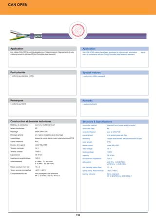 CAN OPEN



                                                                                                                                                 for normal applications




 Application                                                                              Application
 Application                                                                               Application
                                                                                          shielded industrial bus cable for CAN systems (Controller Area Network).
  Les câbles CAN OPEN sont développés pour l’interconnexion d’équipements d’auto-          the CAN OPEN cables have been developed to interconnect automation        equip-
  matisme suivant le standard CAN (Controller Area Network).                               ment in compliance with the CAN (Controller Area Network) standard.




 Particularités                                                                           Special features
 Particularités                                                                            Special features
                                                                                           also available with UL/CSA approbation
  • conforme au standard «CAN»                                                             • conform to «CAN» standard




 Remarques                                                                                Remarks
 Remarques                                                                                 Remarks
                                                                                           conform to RoHS
  • conforme au RoHS
                                                                                           further types RoHS
                                                                                           • conform to and special types upon request.




 Construction et données techniques                                                       Structure  Specifications
 Construction et données techniques                                                        Structure  Specifications
                                                                                          conductor material             copper conductor blank
  Matériau du conducteur         cuivre nu multibrins recuit                               conductor material              stranded bare copper wires annealed
                                                                                          conductor class                7 wire conductor
  Isolant conducteur             PE                                                        conductor class                 PE
                                                                                          core insulation                foamed PE
  Repérage                       selon DIN47100                                            core identification
                                                                                          core identification              acc. to DIN47100
                                                                                                                         coloured acc. to DIN VDE 47100
  Blindage général               en 4 paires torsadées avec bourrage                      overall shield
                                                                                           overall shield                coppertwistedtinned with filler
                                                                                                                           In 4 braid pairs
  Assemblage                     tresse de cuivre étamé, avec ruban aluminium/PES         outer sheath                   PVC
                                                                                           stranding                       copper braid tinned, with aluminium/PES tape
                                                                                          sheath colour                  violet, RAL 4001
  Gaine extérieure               PVC
                                                                                          printingsheath
                                                                                           outer                           PVC
                                                                                                                         yes
  Couleur de la gaine            violet RAL 4001                                           sheath colour                   violet RAL 4001
  Tension nominale               30 V                                                     rated voltage
                                                                                            rated voltage                250 V; no high-voltage purposes
                                                                                                                           30 V
                                                                                          testing voltage                core/core: 1.500 V
  Tension d'essai                1000 V                                                     testing voltage                1000V
                                                                                          conductor resistance           max. 186 Ù / km (loop)
  Capacitance                    38 nF/km                                                   capacity                       38 nF/km
                                                                                          characteristic impedance       120 Ù
  Impédance caractéristique      120 Ω                                                     characteristic impedance
                                                                                          min. bending radius fixed      15120 Ω
                                                                                                                            xd
  Affaiblissement                à 4 MHz : 2,2 dB/100m                                    operat. temp. fixed min/max
                                                                                           attenuation                   -40 °C MHz : °C dB/100m
                                                                                                                            at 4 / +70 2,2
                                 à 16 MHz : 4,9 dB/100m                                   burning behavior               flame-retardant dB/100m
                                                                                                                            at 16 MHz : 4,9
  Rayon courbure min. fixe       15 x d                                                   standard
                                                                                           min. bending radius fixed     VDE,x d
                                                                                                                          15 IEC
  Temp. service min/max fixe     -40°C / +80°C                                             operat. temp. fixed min/max     -40°C / +80°C
  Comportement au feu            non propagateur de la flamme                              burning behavior                flame-retardant
                                 NF C 32-070/C2 ou IEC 60332-1                                                             NF C 32-070/C2 or IEC 60332-1




03.03.07                                                                            138
 