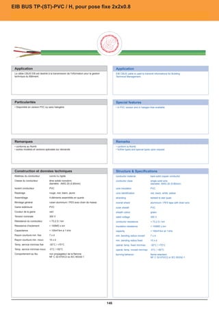 EIB BUS TP-(ST)-PVC // H, pour pose fixe 2x2x0.8
        TP-(ST)-PVC H



pour pose fixe 2 x 2 x 0,8 mm                                                                                                                                               for fixed laying 2 x 2 x 0,8 mm




 Application
 Application                                                                                                Application
                                                                                                             Application
 Ce câble Bus blindé est utilisé pour la domotique (éclairage, chauffage/climatisation/ventilation,         shielded bus cable for systematic building cabling (light, heating installation, air conditioning, ventilation,
  Le câble CBUS EIB est destiné à la transmission de l’information pour la gestion                            EIB CBUS cable is used to transmit informations for Building
 chronométrage, stores). (EIB = European Installation Bus)                                                  time recording, louvers) (EIB = European Installation Bus).
  technique du Bâtiment.                                                                                      Technical Management.




 Particularités
 Particularités                                                                                             Special features
                                                                                                             Special features
   Disponible en PVC ou sans halogène                                                                        in PVC and in halogen-free available
  • Disponible en version PVC ou sans halogène                                                                • in PVC version and in halogen-free available




 Remarques
 Remarques                                                                                                  Remarks
                                                                                                             Remarks
  •conforme au au RoHS
    conforme RoHS                                                                                            conform to EIB / KNX Standard
                                                                                                             • conform to RoHS
   autres modèles et versions spéciales sur demande.                                                         conform to RoHS
  • autres modèles et versions spéciales sur demande                                                         • further types and special types upon
                                                                                                             further types and special types upon request.      request




 Construction et données techniques
 Construction et données techniques                                                                         Structure  Specifications
                                                                                                             Structure Specifications
  Matériau dudu conducteur
  Matériau conducteur                    Cuivre nu nu
                                          cuivre        rigide                                              conductor material                       bare solid copper conductor
                                                                                                              conductor material                        bare solid copper conductor
  Classe du conducteur                   Ame massive                                                        conductor class                          single wire
   Classe du conducteur
  Isolant conducteur                      âme solide monobrin
                                         PVC / composite H - sans halogène                                  core insulationclass
                                                                                                             conductor                                 single solid wire
                                                                                                                                                     PVC / H - halogen-free compound
                                          diamètre : AWG 20 (0.80mm)                                                                                    diameter: AWG 20 (0.80mm)
  Repérage                               rouge-noir; blanc-jaune                                            core identification                      RD-BK; WH-YE
  Isolant conducteur
  Assemblage                              PVC
                                         assemblé en quarte étoile                                            core insulation
                                                                                                            stranding                                   PVC
                                                                                                                                                     twistet to star quad
  Protection contre contact accidentel   Feuille en PET, une couche                                         protection against contact               plastic foil
  Repérage                                rouge, noir, blanc, jaune                                           core identification                       red, black, white, yellow
  Blindage                               Fil de continuité, feuille d'alu sur matière plastique             shield                                   drain wire, plastic laminated aluminimum foil
  Assemblage
  Matériau gaine extérieure               4 éléments assemblés en quarte
                                         PVC / composite H - sans halogène                                   stranding
                                                                                                            outer sheath                               twisted to star quad
                                                                                                                                                     PVC / H - halogen-free compound
  Couleur de la gaine                    verte, RAL 6018                                                    sheath colour                            green, RAL 6018
  Blindage général                        ruban aluminium / PES avec drain de masse                           overall shield                            aluminium / PES tape with drain wire
  Marquage                               oui                                                                printing                                 yes
  Gaine extérieure
  Diamètre extérieur                       PVC
                                         6,1 mm                                                              outer sheath
                                                                                                            outer diameter                              PVC
                                                                                                                                                     6,1 mm

  Couleur de la gaine                     vert                                                                sheath colour                             green
  Tension nominale                       300 V; pas prévu pour courant fort                                 rated voltage                            300 V; no high-voltage purposes
  Tension nominale
  Tension d'essai                         300 V
                                         conducteur/conducteur: 4.000 V                                       rated voltage
                                                                                                            testing voltage                            300 V
                                                                                                                                                     core/core: 4.000 V
  Résistance du conducteur               max. 73 Ù / km (boucle)                                            conductor resistance                     max. 73 Ù / km (loop)
  Résistance du conducteur                 73,2 Ω / km                                                       conductor resistance                       73,2 Ω / km
  Résistance d'isolement                 min. 100 MÙ x km                                                   insulation resistance                    min. 100 MÙ x km
  Résistance
  Capacitance   d’isolement                100MΩ x km
                                         pour 800 Hz: max. 100 nF/km                                         insulation
                                                                                                            capacity        resistance               on  100MΩ x km nF/km
                                                                                                                                                        800 Hz: max. 100
  Rayon courbure min fixe
  Capacitance                            10 x100nF/km
                                           d              à 1 kHz                                          min. bending radius fixed                10 x d
                                                                                                              capacity                                   100nF/km at 1 kHz
  Rayon courbure min mouv.               15 x d                                                             min. bending radius moved                15 x d
  Rayon courbure min. fixe
  Temp. service min/max fixe
                                           7xd
                                         -30 °C / +70 °C                                                    operat. bending radius moved
                                                                                                             min. temp. fixed min/max                   7xd
                                                                                                                                                     -30 °C / +70 °C
  Temp. service min/max mouv.
  Rayon courbure min. mouv.              -515 x+50 °C
                                            °C / d                                                          operat. temp. moved min/max              -5 °C / +50 °C
                                                                                                              min. bending radius fixed                 15 x d
  Standard                               VDE, IEC                                                           standard                                 VDE, IEC, EIB, KNX
  Temp. service min/max fixe              -30°C / +70°C                                                      operat. temp.        fixed min/max        -30°C /      +70°C
  Poids de cuivre                        21,0 kg/km                                                         copper weight                            21,0 kg/km
  Temp.
  Poids   service min/max mouv. 54,0 kg/km
                                 -5°C / +50°C                                                               weight
                                                                                                             operat.    temp. moved min/max 54,0 kg/km+50°C
                                                                                                                                              -5°C /
  Comportement au feu                     non propagateur de la flamme                                        burning behavior                          flame-retardant
                                          NF C 32-070/C2 ou IEC 60332-1                                                                                 NF C 32-070/C2 or IEC 60332-1




03.03.11                                                                                              146
 