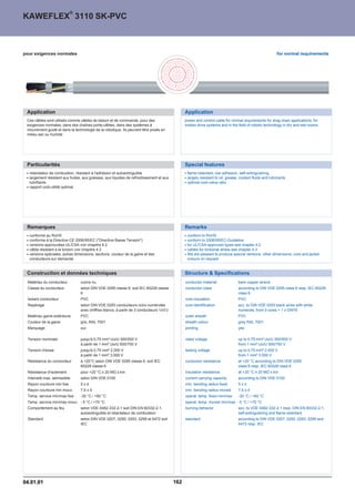 ®
KAWEFLEX 3110 SK-PVC



pour exigences normales                                                                                                                                  for normal requirements




 Application                                                                                   Application
 Ces câbles sont utilisés comme câbles de liaison et de commande, pour des                     power and control cable for normal requirements for drag chain applications, for
 exigences normales, dans des chaînes porte-câbles, dans des systèmes à                        motion drive systems and in the field of robotic technology in dry and wet rooms.
 mouvement guidé et dans la technologie de la robotique. Ils peuvent être posés en
 milieu sec ou humide




 Particularités                                                                                Special features
  retardateur de combustion, résistant à l'adhésion et autoextinguible                          flame-retardant, low adhesion, self-extinguishing
  largement résistant aux huiles, aux graisses, aux liquides de refroidissement et aux          largely resistant to oil, grease, coolant fluids and lubricants
  lubrifiants                                                                                   optimal cost-value ratio
  rapport coût-utilité optimal




 Remarques                                                                                     Remarks
  conforme au RoHS                                                                              conform to RoHS
  conforme à la Directive CE 2006/95/EC (Directive Basse Tension)                             conform to 2006/95/EC-Guideline
  versions approuvées UL/CSA voir chapitre 4.2                                                  for UL/CSA-approved types see chapter 4.2
  câble résistant à la torsion voir chapitre 4.3                                                cables for torsional stress see chapter 4.3
  versions spéciales, autres dimensions, sections, couleur de la gaine et des                   We are pleased to produce special versions, other dimensions, core and jacket
  conducteurs sur demande                                                                       colours on request.


 Construction et données techniques                                                            Structure  Specifications
 Matériau du conducteur         cuivre nu                                                      conductor material               bare copper strand
 Classe du conducteur           selon DIN VDE 0295 classe 6, soit IEC 60228 classe             conductor class                  according to DIN VDE 0295 class 6 resp. IEC 60228
                                6                                                                                               class 6
 Isolant conducteur             PVC                                                            core insulation                  PVC
 Repérage                       selon DIN VDE 0293 conducteurs noirs numérotés                 core identification              acc. to DIN VDE 0293 black wires with white
                                avec chiffres blancs, à partir de 3 conducteurs 1xV/J                                           numerals, from 3 cores + 1 x GNYE
 Matériau gaine extérieure      PVC                                                            outer sheath                     PVC
 Couleur de la gaine            gris, RAL 7001                                                 sheath colour                    grey RAL 7001
 Marquage                       oui                                                            printing                         yes

 Tension nominale               jusqu'à 0,75 mm² Uo/U 300/500 V                                rated voltage                    up to 0,75 mm² Uo/U 300/500 V
                                à partir de 1 mm² Uo/U 500/750 V                                                                from 1 mm² Uo/U 500/750 V
 Tension d'essai                jusqu'à 0,75 mm² 2.000 V                                       testing voltage                  up to 0,75 mm² 2.000 V
                                à partir de 1 mm² 3.000 V                                                                       from 1 mm² 3.000 V
 Résistance du conducteur       à +20°C selon DIN VDE 0295 classe 6, soit IEC                  conductor resistance             at +20 °C according to DIN VDE 0295
                                60228 classe 6                                                                                  class 6 resp. IEC 60228 class 6
 Résistance d'isolement         pour +20 °C ™ 20 MÙ x km                                       insulation resistance            at +20 °C ™ 20 MÙ x km
 Intensité max. admissible      selon DIN VDE 0100                                             current carrying capacity        according to DIN VDE 0100
 Rayon courbure min fixe        5xd                                                            min. bending radius fixed        5xd
 Rayon courbure min mouv.       7,5 x d                                                        min. bending radius moved        7,5 x d
 Temp. service min/max fixe     -30 °C / +80 °C                                                operat. temp. fixed min/max      -30 °C / +80 °C
 Temp. service min/max mouv. - 5 °C / +70 °C                                                   operat. temp. moved min/max -5 °C / +70 °C
 Comportement au feu            selon VDE 0482-332-2-1 soit DIN EN 60332-2-1,                  burning behavior                 acc. to VDE 0482-332-2-1 resp. DIN EN 60332-2-1,
                                autoextinguible et retardateur de combustion                                                    self-extinguishing and flame-retardant
 Standard                       selon DIN VDE 0207, 0250, 0293, 0295 et 0472 soit              standard                         according to DIN VDE 0207, 0250, 0293, 0295 and
                                IEC                                                                                             0472 resp. IEC




04.01.01                                                                                 162
 