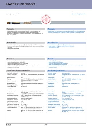 ®
KAWEFLEX 3210 SK-C-PVC



pour exigences normales                                                                                                                                  for normal requirements




 Application                                                                                   Application
 Ces câbles sont utilisés comme câbles de liaison et de commande, pour des                     shielded power and control cable for normal requirements for drag chain applications,
 exigences normales dans des chaînes porte-câbles, dans des systèmes à                         for motion drive systems and in the field of robotic technology in dry and wet rooms.
 mouvement guidé et dans la technologie de la robotique. Ils peuvent être posés en
 milieu sec ou humide




 Particularités                                                                                Special features
  retardateur de combustion, résistant à l'adhésion et autoextinguible                          flame-retardant, low adhesion, self-extinguishing
  largement résistant aux huiles, aux graisses, aux liquides de refroidissement et aux          largely resistant to oil, grease, coolant fluids and lubricants
  lubrifiants                                                                                   optimal cost-value ratio
  rapport coût-utilité optimal




 Remarques                                                                                     Remarks
  conforme au RoHS                                                                              conform to RoHS
  conforme à la Directive CE 2006/95/EC                                                         conform to 2006/95/EC-Guideline
  versions approuvées UL/CSA voir chapitre 4.2                                                  for UL/CSA-approved types see chapter 4.2
  câble résistant à la torsion voir chapitre 4.3                                                cables for torsional stress see chapter 4.3
  versions spéciales, autres dimensions, sections, couleur de la gaine et des                   We are pleased to produce special versions, other dimensions, core and jacket
  conducteurs sur demande                                                                       colours on request.


 Construction et données techniques                                                            Structure  Specifications
 Matériau du conducteur          cuivre nu                                                     conductor material               bare copper strand
 Classe du conducteur            selon DIN VDE 0295 classe 6, soit IEC 60228 classe            conductor class                  according to DIN VDE 0295 class 6 resp. IEC 60228
                                 6                                                                                              class 6
 Isolant conducteur              PVC                                                           core insulation                  PVC
 Repérage                        selon DIN VDE 0293 conducteurs noirs numérotés                core identification              acc. to DIN VDE 0293 black wires with white
                                 avec des chiffres blancs, 1 x vert/jaune                                                       numerals, 1 x GNYE
 Matériau gaine intérieure       PVC                                                           inner sheath material            PVC
 Blindage général                tresse de cuivre étamé; recouvrement opt.env.85%              overall shield                   copper braid tinned; coverage appr. 85%
 Matériau gaine extérieure       PVC                                                           outer sheath                     PVC
 Couleur de la gaine             gris, RAL 7001                                                sheath colour                    grey RAL 7001
 Marquage                        oui                                                           printing                         yes

 Tension nominale                jusqu'à 0,75 mm² Uo/U 300/500 V; à partir de 1 mm²            rated voltage                    up to 0,75 mm² Uo/U 300/500 V; from 1 mm² Uo/U
                                 Uo/U 500/750 V                                                                                 500/750 V
 Tension d'essai                 jusqu'à 0,75 mm² 2.000 V; à partir de 1 mm² 3.000 V           testing voltage                  up to 0,75 mm² 2.000 V; from 1 mm² 3.000 V
 Résistance du conducteur        à +20°C selon DIN VDE 0295 classe 6, soit IEC                 conductor resistance             at +20 °C according to DIN VDE 0295 class 6 resp.
                                 60228 classe 6                                                                                 IEC 60228 class 6
 Résistance d'isolement          pour +20 °C ™ 20 MÙ x km                                      insulation resistance            at +20 °C ™ 20 MÙ x km
 Intensité max. admissible       selon DIN VDE 0100                                            current carrying capacity        according to DIN VDE 0100
 Rayon courbure min fixe         5xd                                                           min. bending radius fixed        5xd
 Rayon courbure min mouv.        7,5 x d                                                       min. bending radius moved        7,5 x d
 Temp. service min/max fixe      -30 °C / +80 °C                                               operat. temp. fixed min/max      -30 °C / +80 °C
 Temp. service min/max mouv. - 5 °C / +70 °C                                                   operat. temp. moved min/max -5 °C / +70 °C
 Comportement au feu             selon VDE 0482-332-2-1 soit DIN EN 60332-2-1,                 burning behavior                 according to VDE 0482-332-2-1 resp. DIN EN
                                 autoextinguible et retardateur de combustion                                                   60332-2-1, self-extinguishing and flame-retardant
 Standard                        selon DIN VDE 0207, 0250, 0293, 0295 et 0472 soit             standard                         according to DIN VDE 0207, 0250, 0293, 0295 and
                                 IEC                                                                                            0472 resp. IEC




04.01.05                                                                                 168
 
