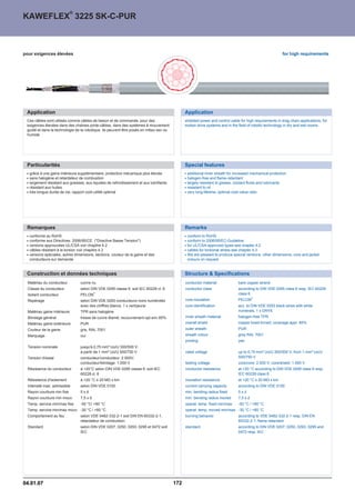 ®
KAWEFLEX 3225 SK-C-PUR



pour exigences élevées                                                                                                                                    for high requirements




 Application                                                                                    Application
 Ces câbles sont utilisés comme câbles de liaison et de commande, pour des                      shielded power and control cable for high requirements in drag chain applications, for
 exigences élevées dans des chaînes porte-câbles, dans des systèmes à mouvement                 motion drive systems and in the field of robotic technology in dry and wet rooms.
 guidé et dans la technologie de la robotique. Ils peuvent être posés en milieu sec ou
 humide




 Particularités                                                                                 Special features
   grâce à une gaine intérieure supplémentaire, protection mécanique plus élevée                 additional inner sheath for increased mechanical protection
   sans halogène et retardateur de combustion                                                    halogen-free and flame-retardant
   largement résistant aux graisses, aux liquides de refroidissement et aux lubrifiants          largely resistant to grease, coolant fluids and lubricants
   résistant aux huiles                                                                          resistant to oil
   très longue durée de vie, rapport coût-utilité optimal                                        very long lifetime, optimal cost-value ratio




 Remarques                                                                                      Remarks
   conforme au RoHS                                                                              conform to RoHS
   conforme aux Directives 2006/95/CE (Directive Basse Tension)                                conform to 2006/95/EC-Guideline
   versions approuvées UL/CSA voir chapitre 4.2                                                  for UL/CSA-approved types see chapter 4.2
   câbles résistant à la torsion voir chapitre 4.3                                               cables for torsional stress see chapter 4.3
   versions spéciales, autres dimensions, sections, couleur de la gaine et des                   We are pleased to produce special versions, other dimensions, core and jacket
   conducteurs sur demande                                                                       colours on request.


 Construction et données techniques                                                             Structure  Specifications
  Matériau du conducteur          cuivre nu                                                     conductor material              bare copper strand
  Classe du conducteur            selon DIN VDE 0295 classe 6, soit IEC 60228 cl. 6             conductor class                 according to DIN VDE 0295 class 6 resp. IEC 60228
  Isolant conducteur              PELON
                                            ®
                                                                                                                                class 6
                                                                                                                                          ®
  Repérage                        selon DIN VDE 0293 conducteurs noirs numérotés                core insulation                 PELON
                                  avec des chiffres blancs, 1 x vert/jaune                      core identification             acc. to DIN VDE 0293 black wires with white
  Matériau gaine intérieure       TPR sans halogène                                                                             numerals, 1 x GNYE
  Blindage général                tresse de cuivre étamé; recouvrement opt.env.85%              inner sheath material           halogen-free TPR
  Matériau gaine extérieure       PUR                                                           overall shield                  copper braid tinned; coverage appr. 85%
  Couleur de la gaine             gris, RAL 7001                                                outer sheath                    PUR
  Marquage                        oui                                                           sheath colour                   grey RAL 7001
                                                                                                printing                        yes
  Tension nominale                jusqu'à 0,75 mm² Uo/U 300/500 V;
                                  à partir de 1 mm² Uo/U 500/750 V                              rated voltage                   up to 0,75 mm² Uo/U 300/500 V; from 1 mm² Uo/U
  Tension d'essai                 conducteur/conducteur: 2.000V;                                                                500/750 V
                                  conducteur/blindage: 1.000 V                                  testing voltage                 core/core: 2.000 V; core/shield: 1.000 V
  Résistance du conducteur        à +20°C selon DIN VDE 0295 classe 6, soit IEC                 conductor resistance            at +20 °C according to DIN VDE 0295 class 6 resp.
                                  60228 cl. 6                                                                                   IEC 60228 class 6
  Résistance d'isolement          à +20 °C ™ 20 MÙ x km                                         insulation resistance           at +20 °C ™ 20 MÙ x km
  Intensité max. admissible       selon DIN VDE 0100                                            current carrying capacity       according to DIN VDE 0100
  Rayon courbure min fixe         5xd                                                           min. bending radius fixed       5xd
  Rayon courbure min mouv.        7,5 x d                                                       min. bending radius moved       7,5 x d
  Temp. service min/max fixe      -50 °C/ +80 °C                                                operat. temp. fixed min/max     -50 °C / +80 °C
  Temp. service min/max mouv. -30 °C / +80 °C                                                   operat. temp. moved min/max -30 °C / +80 °C
  Comportement au feu             selon VDE 0482-332-2-1 soit DIN EN 60332-2-1,                 burning behavior                according to VDE 0482-332-2-1 resp. DIN EN
                                  retardateur de combustion                                                                     60332-2-1, flame-retardant
  Standard                        selon DIN VDE 0207, 0250, 0293, 0295 et 0472 soit             standard                        according to DIN VDE 0207, 0250, 0293, 0295 and
                                  IEC                                                                                           0472 resp. IEC




04.01.07                                                                                  172
 