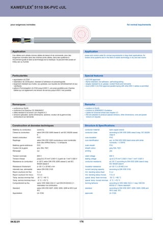 ®
KAWEFLEX 5110 SK-PVC cUL



pour exigences normales                                                                                                                               for normal requirements




 Application                                                                                   Application
 Ces câbles sont utilisés comme câbles de liaison et de commande, pour des                     power and control cable for normal requirements in drag chain applications, for
 exigences normales dans des chaînes porte-câbles, dans des systèmes à                         motion drive systems and in the field of robotic technology in dry and wet rooms.
 mouvement guidé et dans la technologie de la robotique. Ils peuvent être posés en
 milieu sec ou humide




 Particularités                                                                                Special features
  approbation UL/CSA                                                                            UL/CSA approved
  retardateur de combustion, résistant à l'adhésion et autoextinguible                          flame-retardant, low adhesion, self-extinguishing
  largement résistant aux huiles, aux graisses, aux liquides de refroidissement et aux          largely resistant to oil, grease, coolant fluids and lubricants
   lubrifiants                                                                                  due to 600 V UL/CSA approval parallel laying with other 600 V cables is permitted
  grâce à l'homologation UL/CSA jusqu'à 600 V, une pose parallèle avec d'autres
  câbles qui ont également une tension de service jusqu'à 600 V est possible




 Remarques                                                                                     Remarks
  conforme au RoHS                                                                              conform to RoHS
  conforme à la Directive CE 2006/95/EC                                                         conform to 2006/95/EC-Guideline
  câble résistant à la torsion voir chapitre 4.3                                                cables for torsional stress see chapter 4.3
  versions spéciales, autres dimensions, sections, couleur de la gaine et des                   We are pleased to produce special versions, other dimensions, core and jacket
  conducteurs sur demande                                                                       colours on request.




 Construction et données techniques                                                            Structure  Specifications
 Matériau du conducteur         cuivre nu                                                      conductor material              bare copper strand
 Classe du conducteur           selon DIN VDE 0295 classe 6, soit IEC 60228 classe             conductor class                 according to DIN VDE 0295 class 6 resp. IEC 60228
                                6                                                                                              class 6
 Isolant conducteur             PVC                                                            core insulation                 PVC
 Repérage                       selon DIN VDE 0293 conducteurs noirs numérotés                 core identification             acc. to DIN VDE 0293 black wires with white
                                avec des chiffres blancs, 1 x vert/jaune                                                       numerals, 1 x GNYE
 Matériau gaine extérieure      PVC                                                            outer sheath                    PVC
 Couleur de la gaine            gris, RAL 7001                                                 sheath colour                   grey RAL 7001
 Marquage                       oui                                                            printing                        yes

 Tension nominale               600 V                                                          rated voltage                   600 V
 Tension d'essai                jusqu'à 0,75 mm² 2.000 V; à partir de 1 mm² 3.000 V            testing voltage                 up to 0,75 mm² 2.000 V; from 1 mm² 3.000 V
 Résistance du conducteur       à +20°C selon DIN VDE 0295 classe 6, soit IEC                  conductor resistance            at +20 °C according to DIN VDE 0295 class 6 resp.
                                60228 classe 6                                                                                 IEC 60228 class 6
 Résistance d'isolement         à +20 °C ™ 20 MÙ x km                                          insulation resistance           at +20 °C ™ 20 MÙ x km
 Intensité max. admissible      selon DIN VDE 0100                                             current carrying capacity       according to DIN VDE 0100
 Rayon courbure min fixe        5xd                                                            min. bending radius fixed       5xd
 Rayon courbure min mouv.       7,5 x d                                                        min. bending radius moved       7,5 x d
 Temp. service min/max fixe     -30 °C / +80 °C                                                operat. temp. fixed min/max     -30 °C / +80 °C
 Temp. service min/max mouv. - 5 °C / +70 °C                                                   operat. temp. moved min/max -5 °C / +70 °C
 Comportement au feu            selon VDE 0482-332-2-1 soit DIN EN 60332-2-1,                  burning behavior                according to VDE 0482-332-2-1 resp. DIN EN
                                retardateur de combustion                                                                      60332-2-1, flame-retardant
 Standard                       selon DIN VDE 0207, 0250, 0293, 0295 et 0812 soit              standard                        according to DIN VDE 0207, 0250, 0293, 0295 and
                                IEC                                                                                            0812 resp. IEC
 Approbation                    UL /CSA                                                        approvals                       UL /CSA




04.02.01                                                                                 176
 