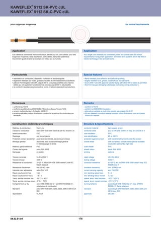 ®
KAWEFLEX 5112 SK-PVC cUL
        ®
KAWEFLEX 5112 SK-C-PVC cUL


pour exigences moyennes                                                                                                                                for normal requirements




 Application                                                                                   Application
 Ces câbles de commande monoconducteurs, blindés ou non, sont utilisés, pour des               As a single core shielded and unshielded power and control cable for normal
 exigences moyennes, dans les chaînes porte-câbles, dans des systèmes à                        requirements in drag chain application, for motion drive systems and in the field of
 mouvement guidé et dans la robotique, en milieu sec ou humide.                                robotic technology in dry and wet rooms.




 Particularités                                                                                Special features
  ratardateur de combustion, résistant à l'adhésion et autoextinguible                          flame-resistant, low-adhesion and self-extinguishing
  largement résistant aux huiles, graisses, liquides de refroidissement et lubrifiants          largely resistant to oil, grease, coolant fluids and lubricants
  grâce à l'homologation UL/CSA jusqu'à 600 V, une pose parallèle avec d'autres                 due to 600 V UL/CSA approval parallel laying with other 600 V cables is permitted
  câbles qui ont également une tension de service jusqu'à 600 V, est possible.                  free from lacquer damaging substances  silicone ( during production )
  ne contient ni substances provenant de vernis, ni silicone (pendant la production).




 Remarques                                                                                     Remarks
  conforme au RoHS                                                                              conform to RoHS
  conforme aux Directives 2006/95/EG (Directives Basse Tension)CE                             conform to 2006/95/EC-Guideline
  version multiconducteur: cf chapitre 04.02.01                                                 alternative available as multi core version see chapter 04.02.01
  versions spéciales, autres dimensions, couleur de la gaine et du conducteur sur               We are pleased to produce special versions, other dimensions, core and jacket
  demande                                                                                       colours on request.




 Construction et données techniques                                                            Structure  Specifications
 Matériau du conducteur          Cuivre nu                                                     conductor material              bare copper strand
 Classe du conducteur            selon DIN VDE 0295 classe 6 soit IEC 60228 cl. 6              conductor class                 acc. to DIN VDE 0295 cl. 6 resp. IEC 60228 cl. 6
 Isolant conducteur              PVC                                                           core insulation                 PVC
 Repérage                        noir ou vert/jaune                                            core identification             BK or GNYE
 Protection contact accidentel   pour la version blindé, placée sous la tresse                 protection against contact      with overall shield present under the screen
 Blindage général                disponible avec ou sans blindage général                      overall shield                  with and without overall shield optional available
                                 Cf. tableau page de droite                                                                    Look at the table of the right side
 Matériau gaine extérieure       PVC                                                           outer sheath                    PVC
 Couleur de la gaine             noire, RAL 9005                                               sheath colour                   black, RAL 9005
 Marquage                        en option                                                     printing                        optional

 Tension nominale                UL/CSA 600 V                                                  rated voltage                   UL/CSA 600 V
 Tension d'essai                 4000 V                                                        testing voltage                 4000 V
 Résistance du conducteur        A +20 °C selon DIN VDE 0295 classe 6, soit IEC                conductor resistance            at +20 °C acc. to DIND VDE 0295 class 6 resp. IEC
                                 60228 classe 6                                                                                60228 class 6
 Résistance d'isolement          min. 20 MÙ x km                                               insulation resistance           min. 20 MÙ x km
 Intensité max. admissible       selon DIN VDE                                                 current carrying capacity       acc. DIN VDE
 Rayon courbure min fixe         5xd                                                           min. bending radius fixed       5xd
 Rayon courbure min mouv.        7,5 x d                                                       min. bending radius moved       7,5 x d
 Temp. service min/max fixe      -30°C / + 80°C                                                operat. temp. fixed min/max     -30°C / + 80°C
 Temp. service min/max mouv. -5°C / + 70°C                                                     operat. temp. moved min/max -5°C / + 70°C
 Comportement au feu             selon VDE 0482-332-2-1 soit DIN EN 60332-2-1,                 burning behavior                according to VDE 0482-332-2-1 resp. DIN EN
                                 retardateur de combustion                                                                     60332-2-1, flame-retardant
 Standard                        selon DIN VDE 0207, 0250, 0293, 0295 et 0812 soit             standard                        according to DIN VDE 0207, 0250, 0293, 0295 and
                                 IEC                                                                                           0812 resp.. IEC
 Approbation                     UL/CSA                                                        approvals                       UL/CSA




04.02.01.01                                                                              178
 