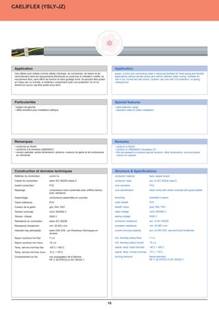 ÖPVC-JZ/OZ
CAELIFLEX (YSLY-JZ)




 Application                                                                                    Application
 Application                                                                                    Application
 Ces câbles sont utilisés comme câbles d'énergie, de commande, de liaison et de                 power, control and connecting cable in electrical facilities for fixed laying and flexible
  Ces câbles sont utilisés comme câbles d’énergie, de commande, de liaison et de                 power, control and connecting cable in electrical facilities for fixed laying and flexible
 raccordement dans les équipements électriques en pose fixe et utilisation mobile, en           applications without tensile stress and without defined cable routing. Suitable for use
  raccordement dans les équipements électriques en pose fixe et utilisation mobile, en           applications without tensile stress and without defined cable routing. Suitable for
 mouvement libre, sans effort de traction et sans guidage forcé. Ils peuvent être posés         in dry, humid and wet rooms. Outdoor use only with UV-protection, no laying
  mouvement libre, sans effort de traction et sans guidage forcé. Ils peuvent être posés         use in dry, humid and wet rooms. Outdoor use only with UV-protection, no laying
 en milieu sec ou humide, à l'extérieur uniquement avec une protection UV et ne                 underground.
  en milieu sec ou humide, à l’extérieur uniquement avec une protection UV et ne                 underground.
 doivent en aucun cas être posés sous terre.
  doivent en aucun cas être posés sous terre.




 Particularités                                                                                 Special features
 Particularités                                                                                 Special features
   tension d'essai 4 kV                                                                          4kV testing voltage
  • largeur de gamme                                                                            • wide selection range
   largement résistant aux acides, bases alcalines et huiles courantes                           largely resistant to acids, bases and specified types of oil
  • câble standard pour installation statique                                                   • standard cable for static installation
   ne contient ni substances provenant de vernis, ni silicone (pendant la production)            free from lacquer damaging substances and silicone (during production)




 Remarques                                                                                      Remarks
 Remarques                                                                                      Remarks
   conforme au RoHs                                                                              conform to RoHS
  • conforme au RoHS                                                                            • conform to RoHS
   conforme à la Directive CE 2006/95/EC                                                         conform to 2006/95/EC-Guideline CE.
  • conforme à la Directive 2006/95/EC                                                          • conform to 2006/95/EC-Guideline CE
   version spéciale, autres dimensions, sections, couleurs de gaine et de conducteurs            We are pleased to produce special versions, other dimensions, core and jacket
  • version spéciale, autres dimensions, sections, couleurs de gaine et de conducteurs          • We are pleased to produce special versions, other dimensions, core and jacket
   sur demande
    sur demande
                                                                                                 colours on request.
                                                                                                  colours on request




 Construction et données techniques                                                             Structure  Specifications
 Construction et données techniques                                                             Structure  Specifications
 Matériau du conducteur          cuivre nu                                                      conductor material                bare copper strand
 Matériau du conducteur           cuivre nu                                                     conductor material                 bare copper strand
 Classe du conducteur            selon DIN VDE 0295 classe 5, soit IEC 60228 classe             conductor class                   acc. to DIN VDE 0295 class 5 resp. IEC 60228 cl. 5
 Classe du conducteur            5selon IEC 60228 classe 5                                      conductor class                    acc. to IEC 60228 class 5
                                                                                                core insulation                   PVC
 Isolant conducteur
 Isolant conducteur              PVC
                                  PVC                                                           core insulation
                                                                                                core identification                PVC
                                                                                                                                  acc. to DIN VDE 0293 black cores with white
 Repérage
 Repérage                        selon DIN VDE 0293 conducteurs noirs numérotés
                                  conducteurs noirs numérotés avec chiffres blancs,             core identification               numerals with or without GNYE with green/yellow
                                                                                                                                   black cores with white numerals
                                 avec chiffres blancs, avec ou sans VERT/JAUNE
                                  avec vert/jaune                                               stranding                         stranded in layers
 Assemblage                      conducteurs assemblés en couches                               outer sheath                      PVC
 Assemblage                       conducteurs assemblés en couches                              stranding                          stranded in layers
 Matériau gaine extérieure       PVC                                                            sheath colour                     grey, RAL 7001
 Gaine extérieure                 PVC                                                           outer sheath                       PVC
 Couleur de la gaine             gris, RAL 7001
 Couleur de la gaine              gris, RAL 7001                                                sheath colour
                                                                                                rated voltage                      grey, RAL 7001
                                                                                                                                  Uo/U: 300/500 V
 Tension nominale
 Tension nominale                Uo/U 300/500 VV
                                  Uo/U 300/500                                                  testing voltage
                                                                                                 rated voltage                    4.000 V
                                                                                                                                   Uo/U 300/500 V
 Tension d'essai                 4.000 V                                                        conductor resistance              acc. to V VDE 0295 class 5 resp. IEC 60228 cl. 5
 Tension d'essai                  2000 V                                                         testing voltage                   2000 DIN
 Résistance du conducteur        selon DIN VDE 0295 classe 5, soit IEC 60228 classe             insulation resistance             min. 20 MÙ x km
 Résistance du conducteur        5selon IEC 60228                                                conductor resistance              acc. to IEC 60228
                                                                                                current carrying capacity         acc. to DIN VDE, see technical Guidelines
 Résistance d'isolement          min. 20 MÙ x x km
                                  min. 20 MΩ km                                                  insulation resistance
 Résistance d'isolement                                                                         min. bending radius fixed         4min. 20 MΩ x km
                                                                                                                                    xd
 Intensité max. admissible       selon DIN VDE, voir Directives Techniques en                   current carrying capacity
 Intensité max.admissible         selon DIN VDE, voir Directives Techniques en                  min. bending radius moved         15 x dto DIN VDE, see technical Guidelines
                                                                                                                                   acc.
                                 annexe
                                  annexe                                                        operat. temp. fixed min/max -40 °C / +80 °C
 Rayon courbure min fixe         4xd
 Rayon courbure min fixe          7xd                                                           operat. temp. radius fixed
                                                                                                min. bending moved min/max -5 °Cd/ +70 °C
                                                                                                                             7x
 Rayon courbure min mouv.        15 x d
 Rayon courbure min mouv.                                                                       temp. at conductor moved
                                                                                                 min. bending radius        +70 x d in operation; +150 °C in case of short-circuit
                                                                                                                             15 °C
 Temp. service min/max fixe      -40 °Cd +80 °C
                                  15 x /
                                                                                                burning behavior            self-extinguishing  flame-retardant acc.to IEC
 Temp. service min/max fixe
 Temp.                 mouv. - -40°C +70 °C
                               5 °C / / +80°C                                                    operat. temp. fixed min/max -40°C / +80°C
                                                                                                                            60332-1
 Temp. sur conducteur max.
 Temp. service min/max mouv. +-5°C / +70°C
                               70 °C en service; +150 °C en cas de court-circuit                operat. temp. moved min/max according to DIN VDE 0245, 0250 and 0281
                                                                                                                             -5°C / +70°C
                                                                                                standard
 Comportement au feu         autoextinguible et retardateur de combustion selon
 Comportement au feu          non propagateur de la flamme                                      burning behavior                   flame-retardant
                             IEC 60332-1
                              NF C 32-070/C2 ou IEC 60332-1                                                                        NF C 32-070/C2 or IEC 60332-1
 Standard                    selon DIN VDE 0245, 0250 et 0281




01.01.04                                                                                   18
 