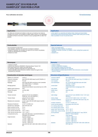 ®
KAWEFLEX 3510 ROB-PUR
        ®
KAWEFLEX 3520 ROB-C-PUR


Pour sollicitation de torsion                                                                                                                                        for torsional stress




  Application                                                                                         Application
  Ces câbles de commande sont utilisés en milieu sec ou humide sur les robots de                      control cable for e.g. assembly and welding robots, indexing and swivel tables
  montage et de soudure, sur les plateaux et tables rotatifs, lorsqu'il y a une sollicitation         involving flexural and torsional stress where no defined cable routing (such as drag
  simultanée de flexion et de torsion, et partout où aucun guidage défini du câble n'est              chain) is possible, for use in dry and wet rooms.
  possible.




  Particularités                                                                                      Special features
   peu encombrant et poids réduit                                                                      space- and weight saving
   sans halogène, retardateur de combustion et résistant à l'adhésion                                  halogen-free, flame-retardant, low adhesion
   résistant à l'hydrolyse, aux microbes, aux rayons UV et à l'ozone, aux graisses,                    resistant to hydrolisis, microbes, UV-radiation, ozone, cooling fluids, grease and
   liquides de refroidissement et lubrifiants                                                          lubricants
   résistant aux huiles                                                                                resistant to oil




  Remarques                                                                                           Remarks
   conforme au RoHS                                                                                    conform to RoHS
   conforme aux Directives 2006/95/EC (Directives Basse Tension) CE                                  conform to 2006/95/EC-Guideline
   très longue durée de vie, rapport coût-utilité optimal                                              very long lifetime, optimal cost-value ratio
   sur demande, également disponible avec approbation cUL                                              upon request also available with cUL approval
   versions spéciales, autres dimensions, sections, couleur de la gaine et des                         We are pleased to produce special versions, other dimensions, core and jacket
   conducteurs sur demande                                                                             colours on request.


  Construction et données techniques                                                                  Structure  Specifications
  Matériau du conducteur            cuivre nu                                                         conductor material              bare copper strand
  Classe du conducteur              selon DIN VDE 0295 classe 6 soit IEC 60228 cl. 6                  conductor class                 acc. to DIN VDE 0295 class 6 resp. IEC 60228 cl. 6
                                             ®                                                                                                 ®
  Isolant conducteur                PELON                                                             core insulation                 PELON
  Repérage                          selon DIN VDE 0293 conducteurs noirs numérotés                    core identification             acc. to DIN VDE 0293 black wires with white
                                    avec chiffres blancs, 1 x vert/jaune                                                              numerals, 1 x GNYE
  Blindage général                  3520 ROB-C-PUR:                                                   overall shield                  3520 ROB-C-PUR:
                                    tresse de cuivre étamé; recouvrement opt. env. 85%                                                copper braid tinned; coverage appr. 85%
  Matériau gaine extérieure         PUR                                                               outer sheath                    PUR
  Couleur de la gaine               noir RAL 9005                                                     sheath colour                   black RAL 9005
  Marquage                          oui                                                               printing                        yes

  Tension nominale                  jusqu'à 0,75 mm² Uo/U 300/500 V;                                  rated voltage                   up to 0,75 mm² Uo/U 300/500 V; from 1 mm² Uo/U
                                    à partir de 1 mm² Uo/U 500/750 V                                                                  500/750 V
  Tension d'essai                   jusqu'à 0,75 mm² 2.000 V;                                         testing voltage                 up to 0,75 mm² 2.000 V; from 1 mm² 3.000 V
                                    à partir de 1 mm² 3.000 V                                         conductor resistance            at +20 °C acc. to DIN VDE 0295 class 6 resp. IEC
  Résistance du conducteur          à +20 °C selon DIN VDE 0295 classe 6 soit IEC                                                     60228 cl. 6
                                    60228 cl. 6                                                       insulation resistance           at +20 °C ™ 20 MÙ x km
  Résistance d'isolement            à +20 °C ™ 20 MÙ x km                                             current carrying capacity       according to DIN VDE 0100
  Intensité max. admissible         selon DIN VDE 0100                                                min. bending radius fixed       10 x d
  Rayon courbure min fixe           10 x d                                                            min. bending radius moved       15 x d
  Rayon courbure min mouv.          15 x d                                                            operat. temp. fixed min/max     -40 °C / +90 °C
  Temp. service min/max fixe        -40 °C / +90 °C                                                   operat. temp. moved min/max -30 °C / +80 °C
  Temp. service min/max mouv. -30 °C / +90 °C                                                         burning behavior                according to VDE 0482-332-2-1 resp. DIN EN
  Comportement au feu               selon VDE 0482-332-2-1 soit DIN EN 60332-2-1,                                                     60332-2-1, flame-retardant
                                    retardateur de combustion                                         torsion                         outer diameter:
  Angle de torsion                  diamètre extérieur:                                                                                10 mm - ± 360°/1,0 m
                                     10 mm - ± 360°/1,0 m                                                                            ™ 10 mm - ± 360°/1,2 m
                                    ™ 10 mm - ± 360°/1,2 m                                                                            ™ 15 mm - ± 360°/1,6 m
                                    ™ 15 mm - ± 360°/1,6 m                                                                            ™ 20 mm - ± 360°/2,0 m
                                    ™ 20 mm - ± 360°/2,0 m                                            standard                        according to DIN VDE 0207, 0250, 0293, 0295 and
  Standard                          selon DIN VDE 0207, 0250, 0293, 0295 et 0472 soit                                                 0472 resp. IEC
                                    IEC




04.03.01                                                                                        188
 