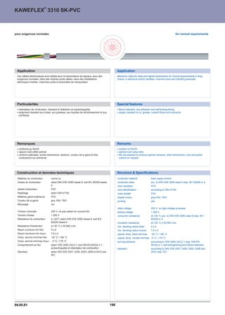 ®
KAWEFLEX 3310 SK-PVC



pour exigences normales                                                                                                                                  for normal requirements




 Application                                                                                   Application
 Ces câbles électroniques sont utilisés pour la transmission de signaux, pour des              electronic cable for data and signal transmission for normal requirements in drag
 exigences normales, dans des chaînes porte-câbles, dans des installations                     chains, in electrical motion facilities, machine tools and handling automats.
 électriques mobiles, machines-outils et automates de manipulation




 Particularités                                                                                Special features
  retardateur de combustion, résistant à l'adhésion et autoextinguible                          flame-retardant, low adhesion and self-extinguishing
  largement résistant aux huiles, aux graisses, aux liquides de refroidissement et aux          largely resistant to oil, grease, coolant fluids and lubricants
  lubrifiants




 Remarques                                                                                     Remarks
  conforme au RoHS                                                                              conform to RoHS
  rapport coût-utilité optimal                                                                  optimal cost-value ratio
  versions spéciales, autres dimensions, sections, couleur de la gaine et des                   We are pleased to produce special versions, other dimensions, core and jacket
  conducteurs sur demande                                                                       colours on request.




 Construction et données techniques                                                            Structure  Specifications
 Matériau du conducteur         cuivre nu                                                      conductor material               bare copper strand
 Classe du conducteur           selon DIN VDE 0295 classe 6, soit IEC 60228 classe             conductor class                  acc. to DIN VDE 0295 class 6 resp. IEC 60228 cl. 6
                                6                                                              core insulation                  PVC
 Isolant conducteur             PVC                                                            core identification              according to DIN 47100
 Repérage                       selon DIN 47100                                                outer sheath                     PVC
 Matériau gaine extérieure      PVC                                                            sheath colour                    grey RAL 7001
 Couleur de la gaine            gris, RAL 7001                                                 printing                         yes
 Marquage                       oui
                                                                                               rated voltage                    250 V, no high-voltage purposes
 Tension nominale               250 V, ne pas utiliser en courant fort                         testing voltage                  1.200 V
 Tension d'essai                1.200 V                                                        conductor resistance             at +20 °C acc. to DIN VDE 0295 class 6 resp. IEC
 Résistance du conducteur       à +20°C selon DIN VDE 0295 classe 6, soit IEC                                                   60228 cl. 6
                                60228 classe 6                                                 insulation resistance            at +20 °C ™ 20 MÙ x km
 Résistance d'isolement         à +20 °C ™ 20 MÙ x km                                          min. bending radius fixed        5xd
 Rayon courbure min fixe        5xd                                                            min. bending radius moved        7,5 x d
 Rayon courbure min mouv.       7,5 x d                                                        operat. temp. fixed min/max      -30 °C / +80 °C
 Temp. service min/max fixe     -30 °C / +80 °C                                                operat. temp. moved min/max -5 °C / +70 °C
 Temp. service min/max mouv. - 5 °C / +70 °C                                                   burning behavior                 according to VDE 0482-332-2-1 resp. DIN EN
 Comportement au feu            selon VDE 0482-332-2-1 soit DIN EN 60332-2-1,                                                   60332-2-1, self-extinguishing and flame-retardant
                                autoextinguible et retardateur de combustion                   standard                         according to DIN VDE 0207, 0250, 0293, 0295 and
 Standard                       selon DIN VDE 0207, 0250, 0293, 0295 et 0472 soit                                               0472 resp. IEC
                                IEC




04.05.01                                                                                 190
 