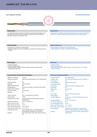 ®
KAWEFLEX 3330 SK-C-PVC



pour exigences normales                                                                                                                                  for normal requirements




 Application                                                                                   Application
 Ces câbles électroniques blindés sont utilisés pour la transmission de signaux, pour          shielded electronic cable for data and signal transmission for normal requirements in
 des exigences normales, dans des chaînes porte-câbles, dans des installations                 drag chains, in electrical motion facilities, machine tools and handling automats.
 électriques mobiles et des machines- outils




 Particularités                                                                                Special features
  retardateur de combustion et autoextinguible                                                  flame-retardant, low adhesion and self-extinguishing
  largement résistant aux huiles, aux graisses, aux liquides de refroidissement et aux          largely resistant to oil, grease, coolant fluids and lubricants
  lubrifiants




 Remarques                                                                                     Remarks
  conforme au RoHS                                                                              conform to RoHS
  rapport coût-utilité optimal                                                                  optimal cost-value ratio
  versions spéciales, autres dimensions, sections, couleur de la gaine et des                   We are pleased to produce special versions, other dimensions, core and jacket
  conducteurs sur demande                                                                       colours on request.




 Construction et données techniques                                                            Structure  Specifications
 Matériau du conducteur          cuivre nu                                                     conductor material               bare copper strand
 Classe du conducteur            selon DIN VDE 0295 classe 6, soit IEC 60228 classe            conductor class                  acc. to DIN VDE 0295 class 6 resp. IEC 60228 cl. 6
                                 6                                                             core insulation                  PVC
 Isolant conducteur              PVC                                                           core identification              according to DIN 47100
 Repérage                        selon DIN 47100                                               inner sheath material            PVC
 Matériau gaine intérieure       PVC                                                           overall shield                   copper braid tinned; coverage appr. 85%
 Blindage général                tresse de cuivre étamé; recouvrement opt.env.85%              outer sheath                     PVC
 Matériau gaine extérieure       PVC                                                           sheath colour                    grey RAL 7001
 Couleur de la gaine             gris, RAL 7001                                                printing                         yes
 Marquage                        oui
                                                                                               rated voltage                    250 V, no high-voltage purposes
 Tension nominale                250 V, ne pas utiliser en courant fort                        testing voltage                  1.200 V
 Tension d'essai                 1.200 V                                                       conductor resistance             at +20 °C acc. to DIN VDE 0295 class 6 resp. IEC
 Résistance du conducteur        à +20°C selon DIN VDE 0295 classe 6, soit IEC                                                  60228 cl. 6
                                 60228 classe 6                                                insulation resistance            at +20 °C ™ 20 MÙ x km
 Résistance d'isolement          à +20 °C ™ 20 MÙ x km                                         min. bending radius fixed        5xd
 Rayon courbure min fixe         5xd                                                           min. bending radius moved        7,5 x d
 Rayon courbure min mouv.        7,5 x d                                                       operat. temp. fixed min/max      -30 °C / +80 °C
 Temp. service min/max fixe      -30 °C / +80 °C                                               operat. temp. moved min/max -5 °C / +70 °C
 Temp. service min/max mouv. - 5 °C / +70 °C                                                   burning behavior                 according to VDE 0482-332-2-1 resp. DIN EN
 Comportement au feu             selon VDE 0482-332-2-1 soit DIN EN 60332-2-1,                                                  60332-2-1, self-extinguishing and flame-retardant
                                 autoextinguible et retardateur de combustion                  standard                         according to DIN VDE 0207, 0250, 0293, 0295 and
 Standard                        selon DIN VDE 0207, 0250, 0293, 0295 et 0472 soit                                              0472 resp. IEC
                                 IEC




04.05.03                                                                                 194
 