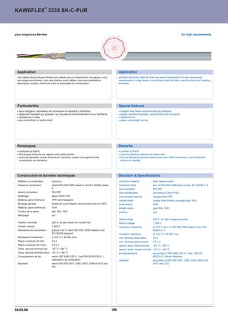 ®
KAWEFLEX 3335 SK-C-PUR



pour exigences élevées                                                                                                                                        for high requirements




 Application                                                                                    Application
 Ces câbles électroniques blindés sont utilisés pour la transmission de signaux, pour           shielded electronic cable for data and signal transmission for high mechanical
 des exigences élevées, dans des chaînes porte-câbles, dans des installations                   requirements in drag chains, in electrical motion facilities, machine tools and handling
 électriques mobiles, machines-outils et automates de manipulation                              automats.




 Particularités                                                                                 Special features
   sans halogène, retardateur de combustion et résistant à l'adhésion                            halogen-free, flame-retardant and low adhesion
   largement résistant aux graisses, aux liquides de refroidissement et aux lubrifiants          largely resistant to grease, coolant fluids and lubricants
   résistant aux huiles                                                                          resistant to oil
   peu encombrant et poids réduit                                                                space- and weight-saving




 Remarques                                                                                      Remarks
   conforme au RoHS                                                                              conform to RoHS
   très longue durée de vie, rapport coût-utilité optimal                                        very long lifetime, optimal cost-value ratio
   versions spéciales, autres dimensions, sections, couleur de la gaine et des                   We are pleased to produce special versions, other dimensions, core and jacket
   conducteurs sur demande                                                                       colours on request.




 Construction et données techniques                                                             Structure  Specifications
  Matériau du conducteur          cuivre nu                                                     conductor material               bare copper strand
  Classe du conducteur            selon DIN VDE 0295 classe 6, soit IEC 60228 classe            conductor class                  acc. to DIN VDE 0295 class 6 resp. IEC 60228 cl. 6
                                  6                                                             core insulation                  PELON
                                                                                                                                           ®

                                            ®
  Isolant conducteur              PELON                                                         core identification              according to DIN 47100
  Repérage                        selon DIN 47100                                               inner sheath material            halogen-free TPR
  Matériau gaine intérieure       TPR sans halogène                                             overall shield                   copper braid tinned; coverage appr. 85%
  Blindage général                tresse de cuivre étamé; recouvrement opt.env.85%              outer sheath                     PUR
  Matériau gaine extérieure       PUR                                                           sheath colour                    grey RAL 7001
  Couleur de la gaine             gris, RAL 7001                                                printing                         yes
  Marquage                        oui
                                                                                                rated voltage                    250 V, no high-voltage purposes
  Tension nominale                250 V, ne pas utiliser en courant fort                        testing voltage                  1.500 V
  Tension d'essai                 1.500 V                                                       conductor resistance             at +20 °C acc. to DIN VDE 0295 class 6 resp. IEC
  Résistance du conducteur        jusqu'à +20°C selon DIN VDE 0295 classe 6, soit                                                60228 cl. 6
                                  IEC 60228 classe 6                                            insulation resistance            at +20 °C ™ 20 MÙ x km
  Résistance d'isolement          à +20 °C ™ 20 MÙ x km                                         min. bending radius fixed        5xd
  Rayon courbure min fixe         5xd                                                           min. bending radius moved        7,5 x d
  Rayon courbure min mouv.        7,5 x d                                                       operat. temp. fixed min/max      -50 °C / +80 °C
  Temp. service min/max fixe      -50 °C/ +80 °C                                                operat. temp. moved min/max -30 °C / +80 °C
  Temp. service min/max mouv. -30 °C / +80 °C                                                   burning behavior                 according to VDE 0482-332-2-1 resp. DIN EN
  Comportement au feu             selon VDE 0482-332-2-1 soit DIN EN 60332-2-1,                                                  60332-2-1, flame-retardant
                                  retardateur de combustion                                     standard                         according to DIN VDE 0207, 0250, 0293, 0295 and
  Standard                        selon DIN VDE 0207, 0250, 0293, 0295 et 0472 soit                                              0472 resp. IEC
                                  IEC




04.05.04                                                                                  196
 