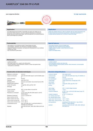 ®
KAWEFLEX 3340 SK-TP-C-PUR



pour exigences élevées                                                                                                                                        for high requirements




 Application                                                                                    Application
 Ces câbles électronques blindés et assemblés par paires sont utilisés pour la                  twisted pair shielded electronic cable for authentic data and signal transmission and
 transmission fiable de signaux, pour des exigences électriques et mécaniques                   for high mechanical and electrical requirements in drag chains applications, in
 élevées dans des chaînes porte-câbles, dans des systèmes de mouvement guidé et                 movable electrical facilities and in the field of robotic technology.
 dans la technologie de la robotique




 Particularités                                                                                 Special features
   découplage du circuit électrique grâce à l'assemblage par paires                              decoupling of electric circuits by twisted pairs
   sans halogène, retardateur de combustion et résistant à l'adhésion                            halogen-free, flame-retardant and low adhesion
   largement résistant aux graisses, aux liquides de refroidissement et aux lubrifiants          largely resistant to grease, coolant fluids and lubricants
   résistant aux huiles                                                                          resistant to oil
   peu encombrant et poids réduit                                                                space- and weight-saving




 Remarques                                                                                      Remarks
   conforme au RoHS                                                                              conform to RoHS
   très longue durée de vie, rapport coût-utilité optimal                                        very long lifetime, optimal cost-value ratio
   versions spéciales, autres dimensions, sections, couleur de la gaine et des                   We are pleased to produce special versions, other dimensions, core and jacket
   conducteurs sur demande                                                                       colours on request.




 Construction et données techniques                                                             Structure  Specifications
  Matériau du conducteur          cuivre nu                                                     conductor material               bare copper strand
  Classe du conducteur            selon DIN VDE 0295 classe 6, soit IEC 60228 classe            conductor class                  acc. to DIN VDE 0295 class 6 resp. IEC 60228 cl. 6
                                  6                                                             core insulation                  PELON
                                                                                                                                           ®

                                            ®
  Isolant conducteur              PELON                                                         core identification              according to DIN 47100
  Repérage                        selon DIN 47100                                               overall shield                   copper braid tinned; coverage appr. 85%
  Blindage général                tresse de cuivre étamé; recouvrement opt.env.85%              outer sheath                     PUR
  Matériau gaine extérieure       PUR                                                           sheath colour                    orange RAL 2003, grey RAL 7001
  Couleur de la gaine             orange RAL 2003, gris RAL 7001                                printing                         yes
  Marquage                        oui
                                                                                                rated voltage                    250 V, no high-voltage purposes
  Tension nominale                250 V, ne pas utiliser en courant fort                        testing voltage                  1.500 V
  Tension d'essai                 1.500 V                                                       conductor resistance             at +20 °C acc. to DIN VDE 0295 class 6 resp. IEC
  Résistance du conducteur        à +20°C selon DIN VDE 0295 classe 6, soit IEC                                                  60228 cl. 6
                                  60228 classe 6                                                insulation resistance            at +20 °C ™ 20 MÙ x km
  Résistance d'isolement          à +20 °C ™ 20 MÙ x km                                         min. bending radius fixed        5xd
  Rayon courbure min fixe         5xd                                                           min. bending radius moved        7,5 x d
  Rayon courbure min mouv.        7,5 x d                                                       operat. temp. fixed min/max      -50 °C / +80 °C
  Temp. service min/max fixe      -50 °C/ +80 °C                                                operat. temp. moved min/max -30 °C / +80 °C
  Temp. service min/max mouv. -30 °C / +80 °C                                                   burning behavior                 according to VDE 0482-332-2-1 resp. DIN EN
  Comportement au feu             selon VDE 0482-332-2-1 soit DIN EN 60332-2-1,                                                  60332-2-1, flame-retardant
                                  retardateur de combustion                                     standard                         according to DIN VDE 0207, 0250, 0293, 0295 and
  Standard                        selon DIN VDE 0207, 0250, 0293, 0295 et 0472 soit                                              0472 resp. IEC
                                  IEC




04.05.05                                                                                  198
 