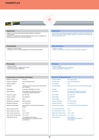 ÖPVC-JZ/OZ
CNOMOFLEX




 Application                                                                                   Application
 Application                                                                                   Application
 Ces câbles sont utilisés comme câbles d'énergie, de commande, de liaison et de                power, control and connecting cable in electrical facilities for fixed laying and flexible
  Câbles de commande souples particulièrement adaptés au câblage de                             These flexible control cables are especially suitable for machine tool manufacturing.
 raccordement dans les équipements électriques en pose fixe et utilisation mobile, en          applications without tensile stress and without defined cable routing. Suitable for use
  machines-outils.                                                                              The PVC outer sheath, resistant against cutting oil, is well performed for usage in the
 mouvement libre, sans effort de traction et sans guidage forcé. Ils peuvent être posés        in dry, humid and wet rooms. Outdoor use only with UV-protection, no laying
                                                                                                automobile production lines.
  La gaine PVC, résistante aux huiles et liquides de coupe, permet une utilisation sur
 en milieu sec ou humide,dans l’industrie automobile. une protection UV et ne
  les lignes de production à l'extérieur uniquement avec                                       underground.
 doivent en aucun cas être posés sous terre.




 Particularités                                                                                Special features
 Particularités                                                                                Special features
   tension d'essai 4 kV                                                                         4kV testing voltage
  • résistant aux huiles de coupe                                                              • resistant to cutting oil
   largement résistant aux acides, bases alcalines et huiles courantes                          largely resistant to acids, bases and specified types of oil
  • conforme aux normes CNOMO exigées par les constructeurs automobiles                        • conform of CNOMO tests mandatory for french automobile constructors
   ne contient ni substances provenant de vernis, ni silicone (pendant la production)           free from lacquer damaging substances and silicone (during production)




 Remarques                                                                                     Remarks
 Remarques                                                                                     Remarks
   conforme au RoHs                                                                             conform to RoHS
  • conforme au RoHS                                                                           • conform to RoHS
   conforme à la Directive CE 2006/95/EC                                                        conform to 2006/95/EC-Guideline CE.
  • conforme à la norme : CNOMO E03 40 150 N                                                   • conform to CNOMO E03 40 150 N approval
  •version spéciale, autres 2006/95/EC sections, couleurs de gaine et de conducteurs
    conforme à la Directive dimensions,                                                         We are pleased to produce special versions, other dimensions, core and jacket
                                                                                               • conform to 2006/95/EC-Guideline CE
   sur demande                                                                                  colours on request.




 Construction et données techniques                                                            Structure  Specifications
 Construction et données techniques                                                            Structure  Specifications
 Matériau du conducteur          cuivre nu                                                     conductor material
                                                                                               conductor material               bare copper strand
                                                                                                                                 bare copper strand
 Matériau du conducteur           cuivre nu
 Classe du conducteur            selon DIN VDE 0295 classe 5, soit IEC 60228 classe            conductor class                  acc. to DIN VDE 0295 class 5 resp. IEC 60228 cl. 5
 Classe du conducteur            5selon IEC 60228 classe 5                                     conductor class                   acc. to IEC 60228 class 5
                                                                                               core insulation                  PVC
 Isolant conducteur
 Isolant conducteur               PVC
                                 PVC                                                           core insulation
                                                                                               core identification               PVC
                                                                                                                                acc. to DIN VDE 0293 black cores with white
 Repérage
 Repérage                        selon DIN VDE 0293 conducteurs noirs numérotés
                                  conducteurs noirs numérotés avec chiffres blancs,            core identification              numerals with or without GNYE with green/yellow
                                                                                                                                 black cores with white numerals
                                 avec chiffres blancs, avec ou sans VERT/JAUNE
                                  avec vert/jaune                                              stranding                        stranded in layers
 Assemblage                      conducteurs assemblés en couches                              outer sheath                     PVC
 Assemblage                       conducteurs assemblés en couches                             stranding                         stranded in layers
 Matériau gaine extérieure       PVC                                                           sheath colour                    grey, RAL 7001
 Gaine extérieure                 PVC spécial, type TM5 selon IEC 20-11                        outer sheath                      PVC special, typ TM5 acc. to IEC 20-11
 Couleur de la gaine             gris, RAL 7001                                                                                  and VDE 60207 CNOMO RESISTANT
                                  et VDE 60207 CNOMO RESISTANT
                                                                                               rated voltage                    Uo/U: 300/500 V
 Couleur de la gaine              gris, RAL 7001                                                sheath colour                    grey, RAL 7001
 Tension nominale                Uo/U 300/500 V                                                testing voltage                  4.000 V
 Tension nominale
 Tension d'essai                  Uo/U 300/500 V
                                 4.000 V                                                        rated voltage
                                                                                               conductor resistance             acc. to 300/500 V0295 class 5 resp. IEC 60228 cl. 5
                                                                                                                                 Uo/U DIN VDE
 Résistance du conducteur
 Tension d'essai                 selon DIN VDE 0295 classe 5, soit IEC 60228 classe
                                   3000 V                                                       testing voltage
                                                                                               insulation resistance             3000 V
                                                                                                                                min. 20 MÙ x km
                                 5
 Résistance du conducteur          selon IEC 60228                                             current carrying capacity
                                                                                               conductor resistance             acc. to DIN VDE, see technical Guidelines
                                                                                                                                 acc. to IEC 60228
 Résistance d'isolement          min. 20 MÙ x km
                                                                                               min. bending radius fixed        4xd
 Résistance d'isolement
 Intensité max. admissible         min. 20 MΩ x km
                                 selon DIN VDE, voir Directives Techniques en                  insulation resistance             min. 20 MΩ x km
                                                                                               min. bending radius moved        15 x d
 Intensité max.admissible        annexeDIN VDE, voir Directives Techniques en
                                  selon                                                        current carrying capacity         acc. to DIN VDE, see technical Guidelines
                                                                                               operat. temp. fixed min/max      -40 °C / +80 °C
 Rayon courbure min fixe         4annexe
                                  xd
                                                                                               operat. temp. moved min/max -5 °C / +70 °C
 Rayon courbure min mouv.
 Rayon courbure min fixe         15 x d
                                   7xd                                                          min. bending radius fixed    7xd
                                                                                               temp. at conductor           +70 °C in operation; +150 °C in case of short-circuit
 Temp. service min/max fixe      -40 °C / +80 °C
 Rayon courbure min mouv.          15 x d                                                       min. bending radius moved
                                                                                               burning behavior              15 x d
                                                                                                                            self-extinguishing  flame-retardant acc.to IEC
 Temp. service min/max mouv.     - 5 °C / +70 °C
 Temp. service min/max fixe        -40°C / +80°C                                                operat. temp. fixed min/max 60332-1 +80°C
                                                                                                                             -40°C /
 Temp. sur conducteur max.       + 70 °C en service; +150 °C en cas de court-circuit
                                                                                               standard                    according to DIN VDE 0245, 0250 and 0281
 Comportementmin/max mouv.
 Temp. service au feu              -5°C / +70°C
                                 autoextinguible et retardateur de combustion selon            operat. temp. moved min/max -5°C / +70°C

 Comportement au feu             IEC 60332-1
                                   non propagateur de la flamme                                burning behavior                   flame-retardant
 Standard                        selon DIN VDE 0245, 0250 et 0281 test B)
                                  selon DIN VDE 0472 (méthode de                                                                  acc. to DIN VDE 0472 (part B)
                                  or IEC 60332-1                                                                                  or IEC 60332-1




01.01.04                                                                                  22
 
