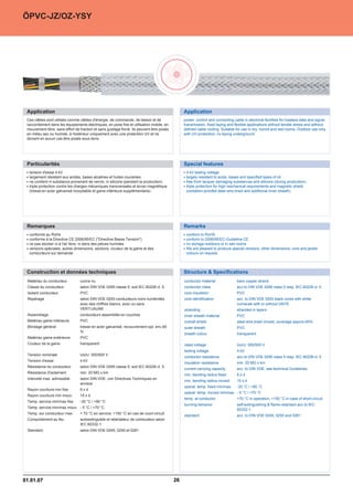 ÖPVC-JZ/OZ-YSY




 Application                                                                                   Application
 Ces câbles sont utilisés comme câbles d'énergie, de commande, de liaison et de                power, control and connecting cable in electrical facilities for lossless data and signal
 raccordement dans les équipements électriques, en pose fixe et utilisation mobile, en         transmission, fixed laying and flexible applications without tensile stress and without
 mouvement libre, sans effort de traction et sans guidage forcé. Ils peuvent être posés        defined cable routing. Suitable for use in dry, humid and wet rooms. Outdoor use only
 en milieu sec ou humide, à l'extérieur uniquement avec une protection UV et ne                with UV-protection, no laying underground.
 doivent en aucun cas être posés sous terre.




 Particularités                                                                                Special features
  tension d'essai 4 kV                                                                          4 kV testing voltage
  largement résistant aux acides, bases alcalines et huiles courantes                           largely resistant to acids, bases and specified types of oil
  ne contient ni substance provenant de vernis, ni silicone (pendant la production)             free from lacquer damaging substances and silicone (during production)
  triple protection contre les charges mécaniques transversales et écran magnétique             triple protection for high mechanical requirements and magnetic shield
  (tresse en acier galvanisé inoxydable et gaine intérieure supplémentaire)                     (oxidation-proofed steel wire braid and additional inner sheath)




 Remarques                                                                                     Remarks
  conforme au RoHs                                                                              conform to RoHS
  conforme à la Directive CE 2006/95/EC (Directive Basse Tension)                             conform to 2006/95/EC-Guideline CE
  ne pas stocker ni à l'air libre, ni dans des pièces humides                                   no storage outdoors or in wet rooms
  versions spéciales, autres dimensions, sections, couleur de la gaine et des                   We are pleased to produce special versions, other dimensions, core and jacket
  conducteurs sur demande                                                                       colours on request.




 Construction et données techniques                                                            Structure  Specifications
 Matériau du conducteur          cuivre nu                                                     conductor material               bare copper strand
 Classe du conducteur            selon DIN VDE 0295 classe 5, soit IEC 60228 cl. 5             conductor class                  acc.to DIN VDE 0295 class 5 resp. IEC 60228 cl. 5
 Isolant conducteur              PVC                                                           core insulation                  PVC
 Repérage                        selon DIN VDE 0293 conducteurs noirs numérotés                core identification              acc. to DIN VDE 0293 black cores with white
                                 avec des chiffres blancs, avec ou sans                                                         numerals with or without GNYE
                                 VERT/JAUNE                                                    stranding                        stranded in layers
 Assemblage                      conducteurs assemblés en couches                              inner sheath material            PVC
 Matériau gaine intérieure       PVC                                                           overall shield                   steel wire braid zinced, coverage approx.85%
 Blindage général                tresse en acier galvanisé, recouvrement opt. env.85           outer sheath                     PVC
                                 %
                                                                                               sheath colour                    transparent
 Matériau gaine extérieure       PVC
 Couleur de la gaine             transparent                                                   rated voltage                    Uo/U: 300/500 V
                                                                                               testing voltage                  4 kV
 Tension nominale                Uo/U: 300/500 V
                                                                                               conductor resistance             acc.to DIN VDE 0295 class 5 resp. IEC 60228 cl. 5
 Tension d'essai                 4 kV
                                                                                               insulation resistance            min. 20 MÙ x km
 Résistance du conducteur        selon DIN VDE 0295 classe 5, soit IEC 60228 cl. 5
                                                                                               current carrying capacity        acc. to DIN VDE, see technical Guidelines
 Résistance d'isolement          min. 20 MÙ x km
                                                                                               min. bending radius fixed        6xd
 Intensité max. admissible       selon DIN VDE, voir Directives Techniques en
                                                                                               min. bending radius moved        15 x d
                                 annexe
                                                                                               operat. temp. fixed min/max      -30 °C / +80 °C
 Rayon courbure min fixe         6xd
                                                                                               operat. temp. moved min/max - 5 °C / +70 °C
 Rayon courbure min mouv.        15 x d
                                                                                               temp. at conductor               +70 °C in operation; +150 °C in case of short-circuit
 Temp. service min/max fixe      -30 °C / +80 °C
                                                                                               burning behavior                 self-extinguishing  flame-retardant acc.to IEC
 Temp. service min/max mouv. - 5 °C / +70 °C
                                                                                                                                60332-1
 Temp. sur conducteur max.       + 70 °C en service; +150 °C en cas de court-circuit
                                                                                               standard                         acc. to DIN VDE 0245, 0250 and 0281
 Comportement au feu             autoextinguible et retardateur de combustion selon
                                 IEC 60332-1
 Standard                        selon DIN VDE 0245, 0250 et 0281




01.01.07                                                                                  26
 