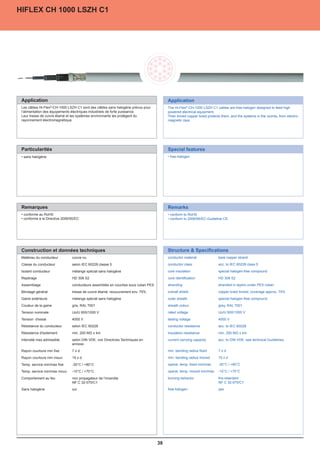 HIFLEX CH 1000 LSZH C1




 Application                                                                           Application
 Les câbles Hi-Flex®-CH-1000 LSZH C1 sont des câbles sans halogène prévus pour         The Hi-Flex®-CH-1000 LSZH C1 cables are free-halogen designed to feed high
 l’alimentation des équipements électriques industriels de forte puissance.            powered electrical equipment.
 Leur tresse de cuivre étamé et les systèmes environnants les protègent du             Their tinned copper braid protects them, and the systems in the vicinity, from electro-
 rayonnement électromagnétique.                                                        magnetic rays.




 Particularités                                                                        Special features
 • sans halogène                                                                       • free-halogen




 Remarques                                                                             Remarks
 • conforme au RoHS                                                                    • conform to RoHS
 • conforme à la Directive 2006/95/EC                                                  • conform to 2006/95/EC-Guideline CE.




 Construction et données techniques                                                    Structure  Specifications
 Matériau du conducteur         cuivre nu                                              conductor material               bare copper strand
 Classe du conducteur           selon IEC 60228 classe 5                               conductor class                  acc. to IEC 60228 class 5
 Isolant conducteur             mélange spécial sans halogène                          core insulation                  special halogen-free compound
 Repérage                       HD 308 S2                                              core identification              HD 308 S2
 Assemblage                     conducteurs assemblés en couches sous ruban PES        stranding                        stranded in layers under PES ruban
 Blindage général               tresse de cuivre étamé, recouvrement env. 75%          overall shield                   copper braid tinned, coverage approx. 75%
 Gaine extérieure               mélange spécial sans halogène                          outer sheath                     special halogen-free compound
 Couleur de la gaine            gris, RAL 7001                                         sheath colour                    grey, RAL 7001
 Tension nominale               Uo/U 600/1000 V                                        rated voltage                    Uo/U 600/1000 V
 Tension d'essai                4000 V                                                 testing voltage                  4000 V
 Résistance du conducteur       selon IEC 60228                                        conductor resistance             acc. to IEC 60228
 Résistance d'isolement         min. 200 MΩ x km                                       insulation resistance            min. 200 MΩ x km
 Intensité max.admissible       selon DIN VDE, voir Directives Techniques en           current carrying capacity        acc. to DIN VDE, see technical Guidelines
                                annexe
 Rayon courbure min fixe        7xd                                                    min. bending radius fixed        7xd
 Rayon courbure min mouv.       15 x d                                                 min. bending radius moved        15 x d
 Temp. service min/max fixe     -30°C / +80°C                                          operat. temp. fixed min/max      -30°C / +80°C
 Temp. service min/max mouv.    -10°C / +70°C                                          operat. temp. moved min/max      -10°C / +70°C
 Comportement au feu            non propagateur de l’incendie                          burning behavior                 fire-retardant
                                NF C 32-070/C1                                                                          NF C 32-070/C1
 Sans halogène                  oui                                                    free-halogen                     yes




                                                                                  38
 