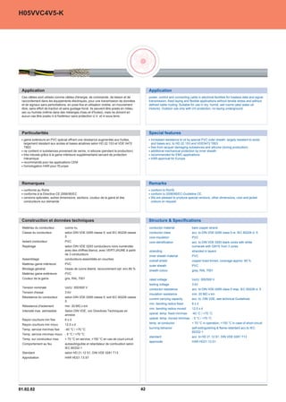H05VVC4V5-K




 Application                                                                                   Application
 Ces câbles sont utilisés comme câbles d'énergie, de commande, de liaison et de                power, control and connecting cable in electrical facilities for lossless data and signal
 raccordement dans les équipements électriques, pour une transmission de données               transmission, fixed laying and flexible applications without tensile stress and without
 et de signaux sans perturbations, en pose fixe et utilisation mobile, en mouvement            defined cable routing. Suitable for use in dry, humid, wet rooms (also water-oil
 libre, sans effort de traction et sans guidage forcé. Ils peuvent être posés en milieu        mixture). Outdoor use only with UV-protection, no laying underground.
 sec ou humide (même dans des mélanges d'eau et d'huiles), mais ne doivent en
 aucun cas être posés ni à l'extérieur sans protection U.V. et ni sous terre.




 Particularités                                                                                Special features
  gaine extérieure en PVC spécial offrant une résistance augmentée aux huilles,                 increased resistance to oil by special PVC outer sheath, largely resistant to acids
  largement résistant aux acides et bases alcalines selon HD 22.1S3 et VDE 0472                 and bases acc. to HD 22.1S3 and VDE0472 T803
  T803                                                                                          free from lacquer damaging substances and silicone (during production)
  ne contient ni substances provenant de vernis, ni silicone (pendant la production)            additional mechanical protection by inner sheath
  très robuste grâce à la gaine intérieure supplémentaire servant de protection                 recommended for EMC-applications
  mécanique                                                                                     HAR-approval for Europe
  recommandé pour les applications CEM
  homologation HAR pour l'Europe




 Remarques                                                                                     Remarks
  conforme au RoHs                                                                              conform to RoHS
  conforme à la Directive CE 2006/95/EC                                                         conform to 2006/95/EC-Guideline CE.
  versions spéciales, autres dimensions, sections, couleur de la gaine et des                   We are pleased to produce special versions, other dimensions, core and jacket
  conducteurs sur demande                                                                       colours on request.




 Construction et données techniques                                                            Structure  Specifications
 Matériau du conducteur          cuivre nu                                                     conductor material               bare copper strand
 Classe du conducteur            selon DIN VDE 0295 classe 5, soit IEC 60228 classe            conductor class                  acc. to DIN VDE 0295 class 5 re. IEC 60228 cl. 5
                                 5                                                             core insulation                  PVC
 Isolant conducteur              PVC                                                           core identification              acc. to DIN VDE 0293 black cores with white
 Repérage                        selon DIN VDE 0293 conducteurs noirs numérotés                                                 numerals with GNYE from 3 cores
                                 avec des chiffres blancs, avec VERT/JAUNE à partir            stranding                        stranded in layers
                                 de 3 conducteurs
                                                                                               inner sheath material            PVC
 Assemblage                      conducteurs assemblés en couches
                                                                                               overall shield                   copper braid tinned, coverage approx. 85 %
 Matériau gaine intérieure       PVC
                                                                                               outer sheath                     PVC
 Blindage général                tresse de cuivre étamé, recouvrement opt. env.85 %
                                                                                               sheath colour                    grey, RAL 7001
 Matériau gaine extérieure       PVC
 Couleur de la gaine             gris, RAL 7001                                                rated voltage                    Uo/U: 300/500 V
                                                                                               testing voltage                  3 kV
 Tension nominale                Uo/U: 300/500 V
                                                                                               conductor resistance             acc. to DIN VDE 0295 class 5 resp. IEC 60228 cl. 5
 Tension d'essai                 3 kV
                                                                                               insulation resistance            min. 20 MÙ x km
 Résistance du conducteur        selon DIN VDE 0295 classe 5, soit IEC 60228 classe
                                                                                               current carrying capacity        acc. to. DIN VDE, see technical Guidelines
                                 5
                                                                                               min. bending radius fixed        6xd
 Résistance d'isolement          min. 20 MÙ x km
                                                                                               min. bending radius moved        12,5 x d
 Intensité max. admissible       Selon DIN VDE, voir Directives Techniques en
                                 annexe                                                        operat. temp. fixed min/max      -40 °C / +70 °C

 Rayon courbure min fixe         6xd                                                           operat. temp. moved min/max - 5 °C / +70 °C

 Rayon courbure min mouv.        12,5 x d                                                      temp. at conductor               + 70 °C in operation; +150 °C in case of short-circuit

 Temp. service min/max fixe      -40 °C / +70 °C                                               burning behavior                 self-extinguishing  flame-retardant acc.to IEC
                                                                                                                                60332-1
 Temp. service min/max mouv. - 5 °C / +70 °C
                                                                                               standard                         acc. to HD 21.12 S1, DIN VDE 0281 T13
 Temp. sur conducteur max.       + 70 °C en service; +150 °C en cas de court-circuit
                                                                                               approvals                        HAR HD21.13.S1
 Comportement au feu             autoextinguible et retardateur de combustion selon
                                 IEC 60332-1
 Standard                        selon HD 21.12 S1, DIN VDE 0281 T13
 Approbation                     HAR HD21.13.S1




01.02.02                                                                                  42
 