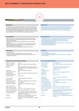 MULTINORME-CY H05VVC4V5-K HAR/UL/CSA




 Application                                                                                   Application
 Ces câbles sont utilisés comme câbles d'énergie, de commande, de liaison et de                power, control and connecting cable for lossless data and signal transmission in
 raccordement dans les équipements électriques, pour une transmission de données               electrical facilities, for fixed laying and casually movement without tensile stress and
 et de signaux sans perturbations, en pose fixe et utilisation mobile, en mouvement            without defined cable routing. Suitable for use in dry, humid, wet rooms (also
 libre, sans effort de traction et sans guidage forcé. Ils peuvent être posés en milieu        water-oil mixture). Outdoor use only with UV-protection, no laying underground.
 sec ou humide (même dans des mélanges d'eau et d'huiles), à l'extérieur uniquement
 avec une protection U.V. et ne doivent en aucun cas être posés sous terre.




 Particularités                                                                                Special features
  gaine extérieure en PVC spécial offrant une résistance augmentée aux huiles,                  increased resistance to oil by special PVC outer sheath, largely resistant to acids
  largement résistant aux acides et basses alcalines selon HD 22.1S3; VDE0472                   and bases acc. to HD 22.1S3; VDE0472 T803 and UL 1581 T50.182
  T803 et UL 1581 T50.182                                                                       free from lacquer damaging substances and silicone (during production)
  très robuste grâce à la gaine intérieure supplémentaire servant de protection                 additional protection by inner sheath
  mécanique                                                                                     due to 600 V UL/CSA approval parallel laying with other 600 V cables is permitted
  grâce à l'homologation UL/CSA jusqu'à 600 V, une pose parallèle avec d'autres                 recommended for EMC-applications
  câbles qui ont également une tension de service jusqu'à 600V est possible.                    international approvals (HAR/UL/CSA)
  recommandé pour les applications CEM
  câble de commande avec homologation internationale (HAR/UL/CSA)



 Remarques                                                                                     Remarks
  conforme au RoHS                                                                              conform to RoHS
  conforme à la Directive CE 2006/95/ECDirectives Basse Tension)                              conform to 2006/95/EC-Guideline CE.
  versions spéciales, autres dimensions, sections, couleurs de la gaine et des                  We are pleased to produce special versions, other dimensions, core and jacket
  conducteurs sur demande                                                                       colours on request.




 Construction et données techniques                                                            Structure  Specifications
 Matériau du conducteur          cuivre nu                                                     conductor material               bare copper strand
 Classe du conducteur            selon DIN VDE 0295 classe 5, soit IEC 60228 cl. 5             conductor class                  acc. to DIN VDE 0295 class 5 resp. IEC 60228 cl. 5
 Isolant conducteur              PVC                                                           core insulation                  PVC
 Repérage                        selon DIN VDE 0293 conducteurs noirs numérotés                core identification              acc. to DIN VDE 0293 black cores with white
                                 avec des chiffres blancs, VERT/JAUNE à partir de 3                                             numerals with GNYE from 3 cores
                                 conducteurs                                                   stranding                        stranded in layers
 Assemblage                      conducteur assemblés en couches                               inner sheath material            PVC
 Matériau gaine intérieure       PVC                                                           overall shield                   copper braid tinned; coverage approx. 85 %
 Blindage général                tresse de cuivre étamé, recouvrement opt. env.85%             outer sheath                     PVC
 Matériau gaine extérieure       PVC                                                           sheath colour                    grey, RAL 7001
 Couleur de la gaine             gris, RAL 7001
                                                                                               rated voltage                    HAR: Uo/U 300/500 V; UL/CSA: 600 V
 Tension nominale                HAR: Uo/U 300/500 V; UL/CSA: 600 V                            testing voltage                  3.000 V
 Tension d'essai                 3.000 V                                                       conductor resistance             acc. to DIN VDE 0295 class 5 resp. IEC 60228 cl. 5
 Résistance du conducteur        selon DIN VDE 0295 classe 5, soit IEC 60228 cl. 5             insulation resistance            min. 20 MÙ x km
 Résistance d'isolement          min. 20 MÙ x km                                               current carrying capacity        acc. to DIN VDE, s. techn. Guideline
 Intensité max. admissible       selon DIN VDE, voir Directives Techniques en                  min. bending radius fixed        6xd
                                 annexe
                                                                                               min. bending radius moved        12,5 x d
 Rayon courbure min fixe         6xd
                                                                                               operat. temp. fixed min/max      HAR: -40 °C / +70 °C; UL/CSA: -40 °C / +90 °C
 Rayon courbure min mouv.        12,5 x d
                                                                                               operat. temp. moved min/max HAR: -5 °C / +70 °C; UL/CSA: -5 °C / +90 °C
 Temp. service min/max fixe      HAR: -40 °C / +70 °C; UL/CSA: -40 °C / +90 °C
                                                                                               temp. at conductor               + 70 °C in operation; +150 °C in case of short-circuit
 Temp. service min/max mouv. HAR: - 5 °C / +70 C; UL/CSA: - 5 °C / +90 °C
                                                                                               burning behavior                 self-extinguishing and flame-retardant acc. to IEC
 Temp. sur conducteur max.       + 70 °C en service; +150 °C en cas de court-circuit                                            60332-1; VW1; CSA FT1
 Comportement au feu             autoextinguible et retardateur de combustion selon            standard                         acc. to HD 21.13 S1, DIN VDE 0281 T13; UL style
                                 IEC 60332-1; VW1; CSA FT1                                                                      2517/2587 and CSA C22.2 No. 210.2-M90
 Standard                        selon HD 21.13 S1, DIN VDE 0281 T13; UL-Style                 approvals                        HAR HD21.13.S1; UL-AWM Style 2587; CSA-AWM I
                                 2517/2587 et CSA C22.2 No. 210.2-M90                                                           A/B II A/B
 Approbation                     HAR HD21.13.S1; UL-AWM Style 2587; CSA-AWM I
                                 A/B II A/B




01.02.04                                                                                  46
 