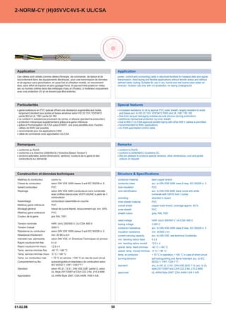 2-NORM-CY (H)05VVC4V5-K UL/CSA




 Application                                                                                   Application
 Ces câbles sont utilisés comme câbles d'énergie, de commande, de liaison et de                power, control and connecting cable in electrical facilities for lossless data and signal
 raccordement dans des équipements électriques, pour une transmission de données               transmission, fixed laying and flexible applications without tensile stress and without
 et de signaux sans perturbation, en pose fixe et utilisation mobile, en mouvement             defined cable routing. Suitable for use in dry, humid and wet rooms (also water-oil
 libre, sans effort de traction et sans guidage forcé. Ils peuvent être posés en milieu        mixture). Outdoor use only with UV-protection, no laying underground.
 sec ou humide (même dans des mélanges d'eau et d'huiles), à l'extérieur uniquement
 avec une protection UV et ne doivent pas être enterrés.




 Particularités                                                                                Special features
  gaine extérieure en PVC spécial offrant une résistance augmentée aux huiles,                  increased resistance to oil by special PVC outer sheath, largely resistant to acids
  largement résistant aux acides et bases alcalines selon HD 22.1S3; VDE0472                    and bases acc. to HD 22.1S3; VDE0472 T803 and UL 1581 T50.182
  partie 803 et UL 1581 partie 50.182                                                           free from lacquer damaging substances and silicone (during production)
  ne contient ni substances provenant de vernis, ni silicone (pendant la production)            additional mechanical protection by inner sheath
  protection mécanique supplémentaire grâce à la gaine intérieure                               due to 600 V UL/CSA approval parallel laying with other 600 V cables is permitted
  grâce à l'homologation UL/CSA jusqu'à 600V, une pose parallèle avec d'autres                  recommended for EMC-applications
  câbles de 600V est possible                                                                   UL/CSA approbated control cable
  recommandé pour les applications CEM
  câble de commande avec approbation UL/CSA



 Remarques                                                                                     Remarks
  conforme au RoHS                                                                              conform to RoHS
  conforme à la Directive 2006/95/CE (Directive Basse Tension)                                conform to 2006/95/EC-Guideline CE.
  versions spéciales, autres dimensions, sections, couleurs de la gaine et des                  We are pleased to produce special versions, other dimensions, core and jacket
  conducteurs sur demande                                                                       colours on request.




 Construction et données techniques                                                            Structure  Specifications
 Matériau du conducteur          cuivre nu                                                     conductor material               bare copper strand
 Classe du conducteur            selon DIN VDE 0295 classe 5 soit IEC 60228 cl. 5              conductor class                  acc. to DIN VDE 0295 class 5 resp. IEC 60228 cl. 5
 Isolant conducteur              PVC                                                           core insulation                  PVC
 Repérage                        selon DIN VDE 0293 conducteurs noirs numérotés                core identification              acc. to DIN VDE 0293 black cores with white
                                 avec chiffres blancs avec VERT/JAUNE à partir de 3                                             numerals with GNYE from 3 cores
                                 conducteurs                                                   stranding                        stranded in layers
 Assemblage                      conducteurs assemblés en couche                               inner sheath material            PVC
 Matériau gaine intérieure       PVC                                                           overall shield                   copper braid tinned; coverage approx. 85 %
 Blindage général                tresse de cuivre étamé, recouvrement opt. env. 85%            outer sheath                     PVC
 Matériau gaine extérieure       PVC                                                           sheath colour                    grey, RAL 7001
 Couleur de la gaine             gris RAL 7001
                                                                                               rated voltage                    HAR: Uo/U 300/500 V; UL/CSA: 600 V
 Tension nominale                HAR: Uo/U 300/500 V; UL/CSA: 600 V                            testing voltage                  3.000 V
 Tension d'essai                 3000 V                                                        conductor resistance             acc. to DIN VDE 0295 class 5 resp. IEC 60228 cl. 5
 Résistance du conducteur        selon DIN VDE 0295 classe 5 soit IEC 60228 cl. 5              insulation resistance            min. 20 MÙ x km
 Résistance d'isolement          min. 20 MÙ x km                                               current carrying capacity        acc. to DIN VDE, see technical Guidelines
 Intensité max. admissible       selon DIN VDE, cf. Directives Techniques en annexe            min. bending radius fixed        6xd
 Rayon courbure min fixe         6xd                                                           min. bending radius moved        12,5 x d
 Rayon courbure min mouv.        12,5 x d                                                      operat. temp. fixed min/max      -40 °C / +90 °C
 Temp. service min/max fixe      -40 °C / +90 °C                                               operat. temp. moved min/max -5 °C / +90 °C
 Temp. service min/max mouv. -5 °C / +90 °C                                                    temp. at conductor               + 70 °C in operation; +150 °C in case of short-circuit
 Temp. sur conducteur max.       + 70 °C en service; +150 °C en cas de court-circuit           burning behavior                 self-extinguishing and flame-retardant acc. to IEC
 Comportement au feu             autoextinguible et retardateur de combustion selon                                             60332-1; VW1; CSA FT1
                                 IEC 60332-1; VW1; CSA FT1                                     standard                         acc. to HD 21.13 S1, DIN VDE 0281 T13; acc. to UL
 Standard                        selon HD 21.13 S1, DIN VDE 0281 partie13; selon                                                style 2517/2587 and CSA C22.2 No. 210.2-M90
                                 UL-Style 2517/2587 et CSA C22.2 No. 210.2-M90                 approvals                        UL-AWM Style 2587; CSA-AWM I A/B II A/B
 Approbation                     UL-AWM Style 2587; CSA-AWM I A/B II A/B




01.02.06                                                                                  50
 