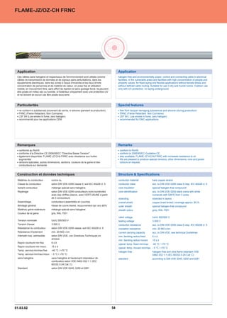 FLAME-JZ/OZ-CH FRNC




 Application                                                                                   Application
 Ces câbles sans halogène et respectueux de l'environnement sont utilisés comme                halogen-free and environmentally power, control and connecting cable in electrical
 câbles de transmission de données et de signaux sans perturbations, dans les                  facilities, in fire vulnerable areas and facilities with high concentration of people and
 équipements électriques, dans les zones à risque d'incendie et les lieux à forte              property values, for fixed laying and flexible applications without tensile stress and
 concentration de personnes et de matériel de valeur, en pose fixe et utilisation              without defined cable routing. Suitable for use in dry and humid rooms. Outdoor use
 mobile, en mouvement libre, sans effort de traction et sans guidage forcé. Ils peuvent        only with UV-protection, no laying underground.
 être posés en milieu sec ou humide, à l'extérieur uniquement avec une protection UV
 et ne doivent en aucun cas être posés sous terre.



 Particularités                                                                                Special features
  ne contient ni substances provenant de vernis, ni silicone (pendant la production)            free from lacquer damaging substances and silicone (during production)
  FRNC (Flame Retardent, Non Corrosive)                                                         FRNC (Flame Retardant, Non Corrosive)
  LSF 0H (Low smoke in fume, zero halogen)                                                      LSF 0H ( Low smoke in fume, zero halogen)
  recommandé pour les applications CEM                                                          recommended for EMC-applications




 Remarques                                                                                     Remarks
  conforme au RoHS                                                                              conform to RoHS
  conforme à la Directive CE 2006/95/EC Directive Basse Tension                               conform to 2006/95/EC-Guideline CE.
  également disponible: FLAME-JZ-CHö FRNC avec résistance aux huiles                            also available: FLAME-JZ-HCHö FRNC with increased resistance to oil
  augmentée                                                                                     We are pleased to produce special versions, other dimensions, core and jacket
  versions spéciales, autres dimensions, sections, couleurs de la gaine et des                  colours on request.
  conducteurs sur demande


 Construction et données techniques                                                            Structure  Specifications
 Matériau du conducteur          cuivre nu                                                     conductor material                bare copper strand
 Classe du conducteur            selon DIN VDE 0295 classe 5, soit IEC 60228 cl. 5             conductor class                   acc. to DIN VDE 0295 class 5 resp. IEC 60228 cl. 5
 Isolant conducteur              mélange spécial sans halogène                                 core insulation                   special halogen-free compound
 Repérage                        selon DIN VDE 0295 conducteurs noirs numérotés                core identification               acc. to DIN VDE 0293 black cores with white
                                 avec des chiffres blancs, avec VERT/JAUNE à partir                                              numerals with GNYE from 3 cores
                                 de 3 conducteurs                                              stranding                         stranded in layers
 Assemblage                      conducteurs assemblés en couches                              overall shield                    copper braid tinned; coverage approx. 85 %
 Blindage général                tresse de cuivre étamé, recouvrement opt. env.85%             outer sheath                      special halogen-free compound
 Matériau gaine extérieure       mélange spécial sans halogène                                 sheath colour                     grey, RAL 7001
 Couleur de la gaine             gris, RAL 7001
                                                                                               rated voltage                     Uo/U 300/500 V
 Tension nominale                Uo/U 300/500 V                                                testing voltage                   3.000 V
 Tension d'essai                 3.000 V                                                       conductor resistance              acc. to DIN VDE 0295 class 5 resp. IEC 60228 cl. 5
 Résistance du conducteur        selon DIN VDE 0295 classe, soit IEC 60228 cl. 5               insulation resistance             min. 20 MÙ x km
 Résistance d'isolement          min. 20 MÙ x km                                               current carrying capacity         acc. to DIN VDE, see technical Guidelines
 Intensité max. admissible       selon DIN VDE, voir Directives Techniques en                  min. bending radius fixed         6xd
                                 annexe
                                                                                               min. bending radius moved         15 x d
 Rayon courbure min fixe         6xd
                                                                                               operat. temp. fixed min/max       -40 °C / +70 °C
 Rayon courbure min mouv.        15 x d
                                                                                               operat. temp. moved min/max - 5 °C / +70 °C
 Temp. service min/max fixe      -40 °C / +70 °C
                                                                                               halogen free                      halogen-free and ultra flame-retardant VDE
 Temp. service min/max mouv. - 5 °C / +70 °C                                                                                     0482-332-1-1 (IEC 60332-3-24 Cat. C)
 sans halogène                   sans halogène et hautement retardateur de                     standard                          according to DIN VDE 0245, 0250 and 0281
                                 combustion selon VDE 0482-332-1-1 (IEC
                                 60332-3-24 Cat. C)
 Standard                        selon DIN VDE 0245, 0250 et 0281




01.03.02                                                                                  54
 