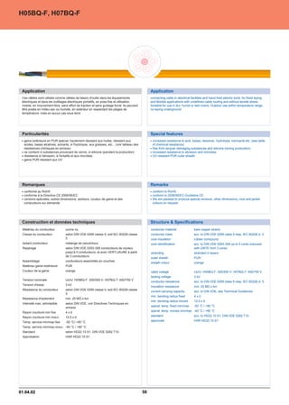 H05BQ-F, H07BQ-F




 Application                                                                                      Application
 Ces câbles sont utilisés comme câbles de liaison d'outils dans les équipements                   connecting cable in electrical facilities and hand-held electric tools, for fixed laying
 électriques et dans les outillages électriques portatifs, en pose fixe et utilisation            and flexible applications with undefined cable routing and without tensile stress.
 mobile, en mouvement libre, sans effort de traction et sans guidage forcé. Ils peuvent           Suitable for use in dry, humid or wet rooms. Outdoor use within temperature range,
 être posés en milieu sec ou humide, en extérieur en respectant les plages de                     no laying underground.
 température, mais en aucun cas sous terre




 Particularités                                                                                   Special features
  gaine extérieure en PUR spécial, hautement résistant aux huiles, résistant aux                   increased resistance to acid, bases, dissolver, hydrolysis, lubricants etc. (see table
  acides, bases alcalines, solvants, à l'hydrolyse, aux graisses, etc... (voir tableau des         of chemical resistance)
  résistances chimiques en annexe)                                                                 free from lacquer damaging substances and silicone (during production)
  ne contient ni substances provenant de vernis, ni silicone (pendant la production)               increased resistance to abrasion and microbes
  résistance à l'abrasion, à l'entaille et aux microbes                                            UV-resistant PUR outer sheath
  gaine PUR résistant aux UV




 Remarques                                                                                        Remarks
  conforme au RoHS                                                                                 conform to RoHS
  conforme à la Directive CE 2006/95/EC                                                            conform to 2006/95/EC-Guideline CE.
  versions spéciales, autres dimensions, sections, couleur de gaine et des                         We are pleased to produce special versions, other dimensions, core and jacket
  conducteurs sur demande                                                                          colours on request.




 Construction et données techniques                                                               Structure  Specifications
 Matériau du conducteur          cuivre nu                                                        conductor material                bare copper strand
 Classe du conducteur            selon DIN VDE 0295 classe 5, soit IEC 60228 classe               conductor class                   acc. to DIN VDE 0295 class 5 resp. IEC 60228 cl. 5
                                 5                                                                core insulation                   rubber compound
 Isolant conducteur              mélange de caoutchouc                                            core identification               acc. to DIN VDE 0293-308 up to 5 cores coloured;
 Repérage                        selon DIN VDE 0293-308 conducteurs de couleur                                                      with GNYE from 3 cores
                                 jusqu'à 5 conducteurs, et avec VERT/JAUNE à partir               stranding                         stranded in layers
                                 de 3 conducteurs
                                                                                                  outer sheath                      PUR
 Assemblage                      conducteurs assemblés en couches
                                                                                                  sheath colour                     orange
 Matériau gaine extérieure       PUR
 Couleur de la gaine             orange                                                           rated voltage                     Uo/U: H05BQ-F: 300/500 V; H07BQ-7: 450/750 V
                                                                                                  testing voltage                   3 kV
 Tension nominale                Uo/U: H05BQ-F: 300/500 V; H07BQ-7: 450/750 V
                                                                                                  conductor resistance              acc. to DIN VDE 0295 class 5 resp. IEC 60228 cl. 5
 Tension d'essai                 3 kV
                                                                                                  insulation resistance             min. 20 MÙ x km
 Résistance du conducteur        selon DIN VDE 0295 classe 5, soit IEC 60228 classe
                                                                                                  current carrying capacity         acc. to DIN VDE, see Technical Guidelines
                                 5
                                                                                                  min. bending radius fixed         4xd
 Résistance d'isolement          min. 20 MÙ x km
                                                                                                  min. bending radius moved         12,5 x d
 Intensité max. admissible       selon DIN VDE, voir Directives Techniques en
                                 annexe                                                           operat. temp. fixed min/max       -50 °C / +90 °C

 Rayon courbure min fixe         4xd                                                              operat. temp. moved min/max -40 °C / +80 °C

 Rayon courbure min mouv.        12,5 x d                                                         standard                          acc. to HD22.10.S1, DIN VDE 0282 T10

 Temp. service min/max fixe      -50 °C/ +90 °C                                                   approvals                         HAR HD22.10.S1

 Temp. service min/max mouv. -40 °C / +80 °C
 Standard                        selon HD22.10.S1, DIN VDE 0282 T10
 Approbation                     HAR HD22.10.S1




01.04.02                                                                                     58
 