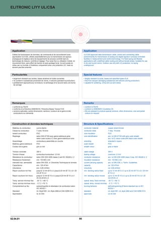 ELITRONIC LIYY UL/CSA




 Application                                                                                 Application
 Câbles de transmission de données, de commande et de raccordement avec                      UL/CSA approved data transmission cable, control and connecting cable
 approbation UL/CSA, utilisés essentiellement pour la transmission de signaux                predominantly for transmission of analog and digital signals in process controlled
 analogiques et digitaux dans les équipements de process contrôlé dans la                    facilities in measurement and control technology. For fixed laying and flexible
 technologie de mesure, contrôle et réglage. Pour pose fixe ou utilisation mobile, en        applications with undefined cable routing and without tensile stress. Suitable for use
 mouvement libre, sans effort de traction et sans guidage forcé. Ils sont posés en           in dry and humid rooms. Outdoor use only with UV-protection, no laying
 milieu sec ou humide, à l'extérieur uniquement avec une protection UV, mais ne              underground.
 doivent pas être enterrés.



 Particularités                                                                              Special features
  largement résistant aux acides, bases alcalines et huiles courantes                         largely resistant to acids, bases and specified types of oil
  ne contient ni substances provenant de vernis, ni silicone (pendant la production)          free from lacquer damaging substances and silicone (during production)
  parfaitement approprié pour la brasure, le sertissage et le raccord dans une borne          capable for soldering, crimp and cut-and-clamp
  de serrage




 Remarques                                                                                   Remarks
  conforme au RoHS                                                                            conform to RoHS
  conforme à la Directive 2006/95/CE (Directive Basse Tension)CE                            conform to 2006/95/EC-Guideline CE.
  versions spéciales, autres dimensions, sections, couleurs de la gaine et des                We are pleased to produce special versions, other dimensions, core and jacket
  conducteurs sur demande                                                                     colours on request.




 Construction et données techniques                                                          Structure  Specifications
 Matériau du conducteur          cuivre étamé                                                conductor material              copper strand tinned
 Classe du conducteur            7 voire 19 brins                                            conductor class                 7 resp. 19-wires
 Isolant conducteur              PVC                                                         core insulation                 PVC
 Repérage                        selon DIN 47100 avec gaine extérieure grise                 core identification             acc. to DIN 47100 with grey outer sheath
                                 selon code couleur IC avec gaine extérieure noire                                           acc. to IC colour-code with black outer sheath
 Assemblage                      conducteurs assemblés en couche                             stranding                       stranded in layers
 Matériau gaine extérieure       PVC                                                         outer sheath                    PVC
 Couleur de la gaine             gris ou noir                                                sheath colour                   grey or black

 Tension nominale                300 V                                                       rated voltage                   300 V
 Tension d'essai                 conducteur/conducteur: 2,5 kV                               testing voltage                 core/core: 2.5 kV
 Résistance du conducteur        selon DIN VDE 0295 classe 2 soit IEC 60228 cl. 2            conductor resistance            acc. to DIN VDE 0295 class 2 resp. IEC 60228 cl. 2
 Résistance d'isolement          min. 153 MÙ x km                                            insulation resistance           min. 153 MÙ x km
 Intensité max. admissible       selon DIN VDE, cf. Directives Techniques en annexe          current carrying capacity       acc. to DIN VDE, s. Techn. Guidelines
 Capacitance                     env. 120 nF/km                                              capacity                        ca. 120 nF/km
 Inductance                      env. 0,65 mH/km                                             inductivity                     ca. 0,65 mH/km
 Rayon courbure min fixe         jusqu'à 12 mm Ø 5 x d; jusqu'à 20 mm Ø 7,5 x d; 20         min. bending radius fixed       up to 12 mm Ø 5 x d; up to 20 mm Ø 7,5 x d; 20 mm
                                 mm Ø 10 x d                                                                                 Ø 10 x d
 Rayon courbure min mouv.        jusqu'à 12 mm Ø 10 x d; jusqu'à 20 mm Ø 15 x d;            min. bending radius moved       up to 12 mm Ø 10 x d; up to 20 mm Ø 15 x d; 20
                                 20 mm Ø 20 x d                                                                              mm Ø 20 x d
 Temp. service min/max fixe      -30 °C / +80 °C                                             operat. temp. fixed min/max     -30 °C / +80 °C
 Temp. service min/max mouv. - 5 °C / +70 °C                                                 operat. temp. moved min/max - 5 °C / +70 °C
 Comportement au feu             autoextinguible et retardateur de combustion selon          burning behavior                self-extinguishing  flame-retardant acc.to IEC
                                 IEC 60332-1                                                                                 60332-1
 Standard                        UL-Style1061, UL-Style 2464 et CSA AWM I/II A               standard                        UL style1061, UL style 2464 and CSA AWM I/II A
 Approbation                     UL  CSA                                                    approvals                       UL  CSA




02.04.01                                                                                86
 