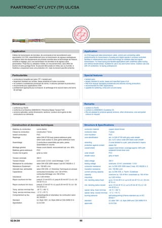 ®
PAARTRONIC -CY LIYCY (TP) UL/CSA




 Application                                                                                Application
 Câbles de transmission de données, de commande et de raccordement avec                     UL/CSA approved data transmission cable, control and connecting cable
 approbation UL/CSA, essentiellement pour la transmission de signaux analogiques            predominantly for transmission of analog and digital signals in process controlled
 et digitaux dans les équipements de process contrôlé dans la technologie de mesure,        facilities in measurement and control technology for lossless data and signal
 contrôle et réglage, pour une transmission de données et de signaux sans                   transmission. For fixed laying and flexible applications with undefined cable routing
 perturbation. Pose fixe ou utilisation mobile, en mouvement libre, sans effort de          and without tensile stress. Suitable for use in dry and humid rooms. Outdoor use only
 traction et sans guidage forcé. Ils peuvent être posés en milieu sec ou humide, à          with UV-protection, no laying underground.
 l'extérieur uniquement avec une protection UV, mais ne doivent pas être enterrés.



 Particularités                                                                             Special features
  conducteurs torsadés par paire (TP = twisted pair)                                         twisted pairs
  largement résistant aux acides, bases alcalines et huiles courantes                        largely resistant to acids, bases and specified types of oil
  ne contient ni substances provenant de vernis, ni silicone (pendant la production)         free from lacquer damaging substances and silicone (during production)
  recommandé pour applications CEM                                                           recommended for EMC-applications
  parfaitement approprié pour la brasure, le sertissage et le raccord dans une borne         capable for soldering, crimp and cut-and-clamp
  de serrage




 Remarques                                                                                  Remarks
  conforme au RoHS                                                                           conform to RoHS
  conforme à la Directive 2006/95/CE (Directive Basse Tension)CE                           conform to 2006/95/EC-Guideline CE.
  versions spéciales, autres dimensions, sections, couleurs de la gaine et des               We are pleased to produce special versions, other dimensions, core and jacket
  conducteurs sur demande                                                                    colours on request.




 Construction et données techniques                                                         Structure  Specifications
 Matériau du conducteur         cuivre étamé                                                conductor material              copper strand tinned
 Classe du conducteur           construction 7 brins                                        conductor class                 7 wired
 Isolant conducteur             PVC                                                         core insulation                 PVC
 Repérage                       selon DIN 47100 avec graine extérieure grise                core identification             acc. to DIN 47100 with grey outer sheath
                                selon code couleur IC avec gaine extérieure noire                                           acc. to IC colour-code with black outer sheath
 Assemblage                     2 conducteurs assemblés par paire, paires                   stranding                       2 cores twisted to a pair; pairs stranded in layers
                                assemblées en couche                                        protection against contact      plastic foil
 Blindage général               tresse cuivre étamé, recouvrement opt. env. 85%             overall shield                  copper braid tinned; coverage approx. 85% with
 Matériau gaine extérieure      PVC                                                                                         subjacent tinned drain wire
 Couleur de la gaine            grise ou noire                                              outer sheath                    PVC
                                                                                            sheath colour                   grey or black
 Tension nominale               300 V
 Tension d'essai                cond./cond: 2,5 kV; cond./blindage: 1,5 kV                  rated voltage                   300 V
 Résistance du conducteur       selon DIN VDE 0295 classe 2 soit IEC 60228 cl. 2            testing voltage                 core/core: 2.5 kV; core/shield: 1.5 kV
 Résistance d'isolement         min. 150 MÙ x km                                            conductor resistance            acc. to DIN VDE 0295 class 2 resp. IEC 60228 cl. 2
 Intensité max. admissible      selon DIN VDE, cf. Directives Techniques en annexe          insulation resistance           min. 150 MÙ x km
 Capacitance                    conducteur/conducteur: env.120 nF/Km;                       current carrying capacity       acc. to DIN VDE, s. Techn. Guidelines
                                conducteur/blindage: env.160 nF/km                          capacity                        core/core ca. 120 nF/Km; core/shield ca. 160 nF/km
 Inductance                     env. 0,65 mH/km                                             inductivity                     ca. 0,65 mH/km
 Rayon courbure min fixe        jusqu'à 12 mm Ø 5 x d; jusqu'à 20 mm Ø 7,5 x d; 20         min. bending radius fixed       up to 12 mm Ø 5 x d; up to 20 mm Ø 7,5 x d; 20 mm
                                mm Ø 10 x d                                                                                 Ø 10 x d
 Rayon courbure min mouv.       jusqu'à 12 mm Ø 10 x d; juqu'à 20 mm Ø 15 x d; 20          min. bending radius moved       up to 12 mm Ø 10 x d; up to 20 mm Ø 15 x d; 20
                                mm Ø 20 x d                                                                                 mm Ø 20 x d
 Temp. service min/max fixe     -30 °C / +80 °C                                             operat. temp. fixed min/max     -30 °C / +80 °C
 Temp. service min/max mouv. - 5 °C / +70 °C                                                operat. temp. moved min/max - 5 °C / +70 °C
 Comportement au feu            autoextinguible et retardateur de combustion selon          burning behavior                self-extinguishing  flame-retardant acc.to IEC
                                IEC 60332-1                                                                                 60332-1
 Standard                       UL-Style 1061, UL-Style 2464 et CSA AWM I/II A              standard                        UL style 1061, UL style 2464 and CSA AWM I/II A
 Approbation                    UL  CSA                                                    approvals                       UL  CSA




02.04.04                                                                               90
 