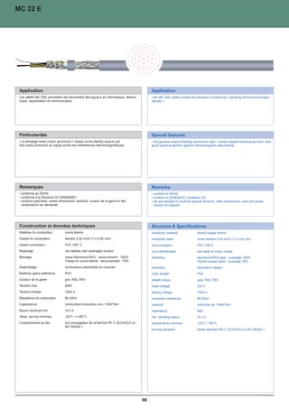 MC 22 E




 Application                                                                              Application
 Les câbles MC-22E permettent de transmettre des signaux en informatique, électro-        «the MC-22E cables enable the transport of electronic, signaling and communication
 nique, signalisation et communication.	                                                  signals.»				
                                                                                          				
                                                                                          			
                                                                                          			
                                                                                          				




 Particularités                                                                           Special features
 • Le blindage mixte (ruban aluminium + tresse cuivre étamé) assure une                   • the general mixed shielding (aluminium tape + tinned copped braid) gives them very
 très haute protection du signal contre les interférences électromagnétiques.	            good signal protection against electromagnetic disturbance.	
 	                                                                                        		
 		                                                                                       		
 		                                                                                       		
 		                                                                                       		
 		                                                                                       		
 		                                                                                       		




 Remarques                                                                                Remarks
 • conforme au RoHS                                                                       • conform to RoHS
 • conforme à la Directive CE 2006/95/EC                                                  • conform to 2006/95/EC-Guideline CE.
 • versions spéciales, autres dimensions, sections, couleur de la gaine et des            • we are pleased to produce special versions, other dimensions, core and jacket
   conducteurs sur demande                                                                  colours on request.




 Construction et données techniques                                                       Structure  Specifications
 Matériau du conducteur           cuivre étamé                                            conductor material              tinned copper strand
 Classe du conducteur             Section 0,22 mm2 (7 x 0,20 mm)	                         conductor class                 cross section 0,22 mm2 (7 x 0,20 mm)	
 Isolant conducteur               PVC 105° C                                              core insulation                 PVC 105°C
 Repérage                         voir tableau des repérages couleur	                     core identification             see table of colour codes
 Blindage                         ruban Aluminium/PES : recouvrement : 100%	              Shielding                       aluminium/PES tape : coverage 100%	
                                  Tresse en cuivre étamé : recouvrement : 70%	                                            Tinned copper braid : coverage 70%		
 Assemblage                       conducteurs assemblés en couches 	                      stranding                       stranded in layers
 Matériau gaine extérieure        PVC                                                     outer sheath                    PVC
 Couleur de la gaine              gris, RAL 7001                                          sheath colour                   grey, RAL 7001
 Tension max                      250V                                                    rated voltage                   250 V
 Tension d’essai                  1500 V                                                  testing voltage                 1500 V
 Résistance du conducteur         85 Ω/km                                                 conductor resistance            85 Ω/km
 Capacitance                      conducteur/conducteur env. 105nF/km	                    capacity                        core/core ca. 105nF/km		
 Rayon courbure min               10 x d                                                  Impedance                       85Ω
 Temp. service min/max            -20°C - +85°C                                          min. bending radius             10 x d
 Comportement au feu              non propagateur de la flamme NF C 32-070/C2 ou          Operat.temp.min/max             -20°C / +85°C
                                  IEC 60332-1
                                                                                          burning behavior                flame retardant NF C 32-070/C2 or IEC 60332-1




                                                                                     98
 