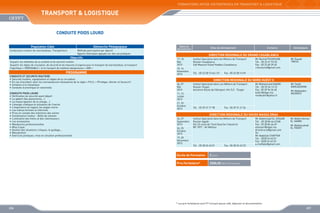 FORMATIONS INTER-ENTREPRISES EN TRANSPORT  LOGISTIQUE

TRANSPORT  LOGISTIQUE
CONDUITE POIDS LOURD
Population Cible

Démarche Pédagogique

Conducteurs routiers de marchandises, Transporteurs

Méthode participative par objectif
Apports théoriques appuyés sur des cas pratiques

Objectifs
Acquérir les méthodes de la conduite et de sécurité routière
Acquérir les règles de circulation, de sécurité et les mesures d’urgence pour le transport de marchandises, le transport
frigorifique « PERISSABLE » et le transport de matières dangereuses « ADR »

PROGRAMME
CONDUITE ET SECURITE ROUTIERE
•	 Sécurité routière, signalisation et règles de la circulation
•	 En cas d’accident, avoir les connaissances nécessaires de la règle « P.A.S. » (Protéger, Alerter et Secourir)
•	 Initiation à la mécanique
•	 Conduite économique et rationnelle
CONDUITE POIDS LOURD
•	 Vérification de sécurité avant départ
•	 Le gabarit (les placements,…)
•	 La masse (gestion de la charge,…)
•	 L’énergie cinétique et utilisation de l’inertie
•	 L’importance du regard, les angles morts
•	 Les indices formels et informels
•	 Prise en compte des intentions des autres
•	 Combinaison moteur - Boîte de vitesses
•	 L’utilisation des freins et des ralentisseurs
•	 Les accessoires
•	 Manœuvres professionnelles
•	 Mise à quai
•	 Gestion des situations critiques, le guidage,…
•	 Manutention
•	 Exercices pratiques, mise en situation professionnelle

Dates de
déroulement

Sites de déroulement

Contacts

Animateurs

DIRECTION REGIONALE DU GRAND CASABLANCA
17, 18
Mai
2013

Institut Specialise dans les Metiers de Transport
Routier Casablanca
Sidi Maarouf Ouled Haddou Casablanca

15, 16
Novembre
2013

Tél. : 05 22 58 13 46 / 47

06, 07
Mai
2013

Institut Spécialisé dans Les Métiers de Transport
Routier Tanger
Ancienne Route de l’Aéroport, Km 5,5 - Tanger

Mr Rachid FOUNOUNE
Tél. : 05 22 61 93 33
Fax : 05 22 60 39 65
r.founoune@gmail.com

Mr Essaid
TIMIJA

Fax : 05 22 58 13 49

DIRECTION REGIONALE DU NORD OUEST II

11, 12
Juillet
2013
21, 22
Octobre
2013

Tél. : 05 39 31 71 98

Mr Mohammed KADIRI
Tél. : 05 39 34 13 15
Fax : 05 39 94 26 60
kadiri@ofppt.ma
medkadiri@yahoo.fr

Mr Taiebi
ENOUAZZANE
Mr Abdeladim
NESRATE

Fax : 05 39 31 21 56

DIRECTION REGIONALE DU SOUSS MASSA DRAA
26, 27
Septembre
2013
24, 25
Octobre
2013
19, 20
Décembre
2013

Institut Spécialisé dans les Métiers de Transport
Routier Agadir
Km 23 route de Tiznit Quartier Industriel
BP 1097 - Ait Melloul

Tél. : 05 28 24 63 01

Fax : 05 28 24 63 23

Durée de Formation

Mr Abderrahman
EL HAMRI
Mr Abdelouahab
EL FEDDY

2 jours

Prix Forfaitaire*

Mr Abdelmajid EL AISSARI
Tél. : 05 28 84 66 67/68
Fax : 05 28 84 66 69
elaissari@ofppt.ma
drsmd.scre@gmail.com
Ou
Mr Abdellah CHAFFAK
Tél. : 0528 24 63 01
Fax : 0528 24 63 23
a.chaffake@gmail.com

2000,00 DHS /Participant

* Les prix forfaitaires sont HT incluant pause café, déjeuner et documentation

206

207

 