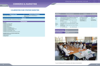 FORMATIONS INTER-ENTREPRISES TERTIAIRE

COMMERCE  MARKETING
L’ELABORATION D’UNE STRATEGIE MARKETING
Population Cible

Démarche Pédagogique

Responsables Marketing

Apports théoriques et méthodologiques
Etudes de cas

Objectifs
Consolider et développer l’entreprise par le Marketing

Dates de
déroulement

ELABORATION DE LA STRATEGIE MARKETING
•	 Fixation des objectifs
•	 Plan d’actions
•	 Budgétisation

Contacts

Animateurs

DIRECTION REGIONALE DU NORD OUEST II
13, 14
Mai
2013

PROGRAMME
ANALYSE
•	 Analyse du marché cible
•	 Analyse des tendances
•	 Analyse des prestations
•	 Analyse des prix
•	 Analyse des potentiels
•	 Analyse du marketing externe
•	 Analyse du marketing transactionnel
•	 Analyse du marketing interne
•	 Analyse du service après – vente
•	 Analyse du partenariat et de la mise en réseau

Sites de déroulement

Institut Spécialisé dans les Métiers de l’Offshoring
et les Nouvelles Technologies de l’Information
et de la Communication
Km 6, Route de Rabat - 90 000 Tanger (À coté de
Marjane)
Tél. : 05 39 38 08 71

03, 04
Octobre
2013

Mr Mohammed KADIRI
Tél. : 05 39 34 13 15
Fax : 05 39 94 26 60
kadiri@ofppt.ma
medkadiri@yahoo.fr

Mme Nadia
AOUTIL
Mr Mohamed
BOUZEROUATA

Fax : 05 39 38 08 71

Institut Spécialisé de Technologie Appliquée Tanger
Free Zone
Ilot 104 Lot N°1 Tanger Free Zone, Route de Rabat 90 000 Tanger
Tél. : 05 39 39 44 58

Fax : 05 39 39 44 58

Durée de Formation

2 jours

Prix Forfaitaire*

2000,00 DHS /Participant

* Les prix forfaitaires sont HT incluant pause café, déjeuner et documentation

72

73

 